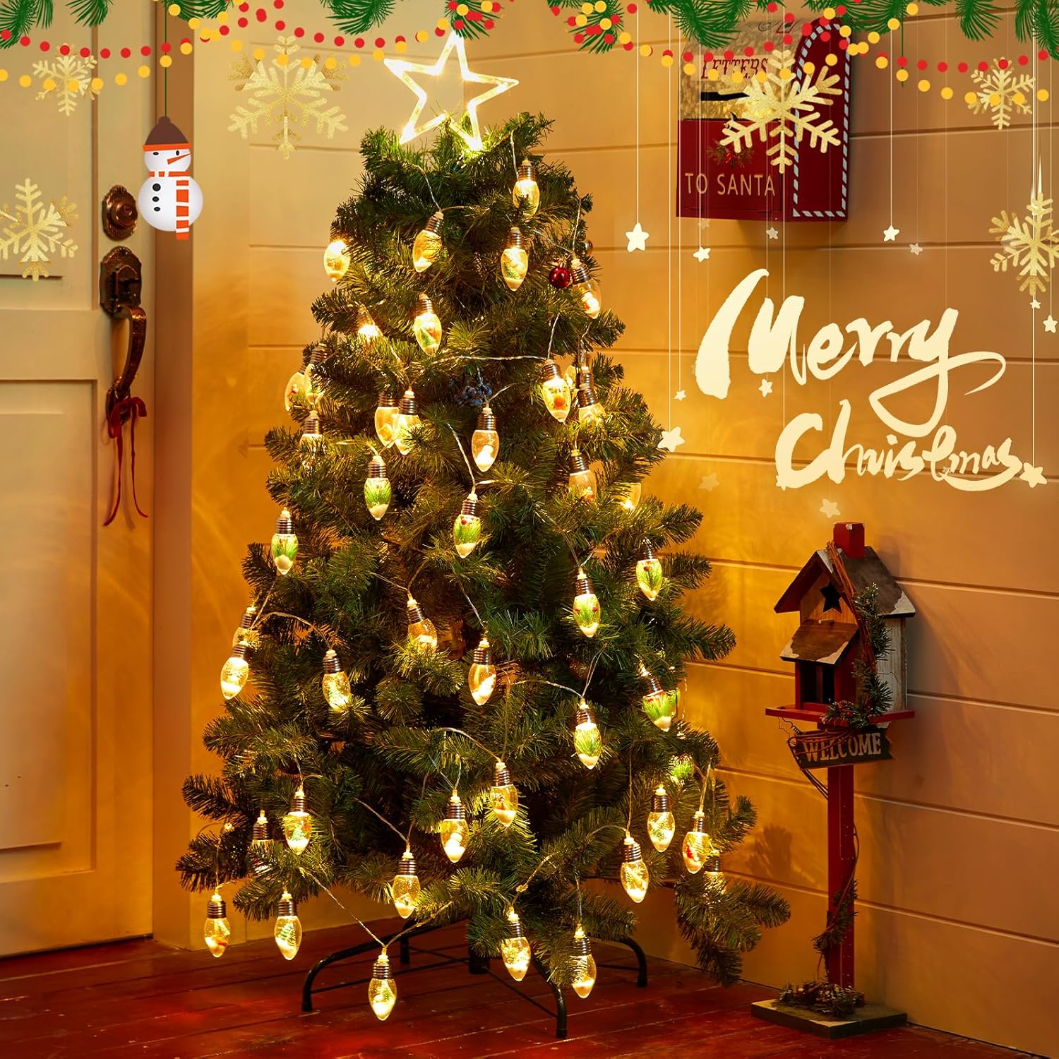 Vintage-Christmas-Lights-Indoor-String-Lights, 7.5Ft C9 Christmas Snow Globe String Lights with Tree & Snow & Cute Ornaments, 8 Modes Battery Operated Lights for Tree Garland FireTLace Xmas Decor