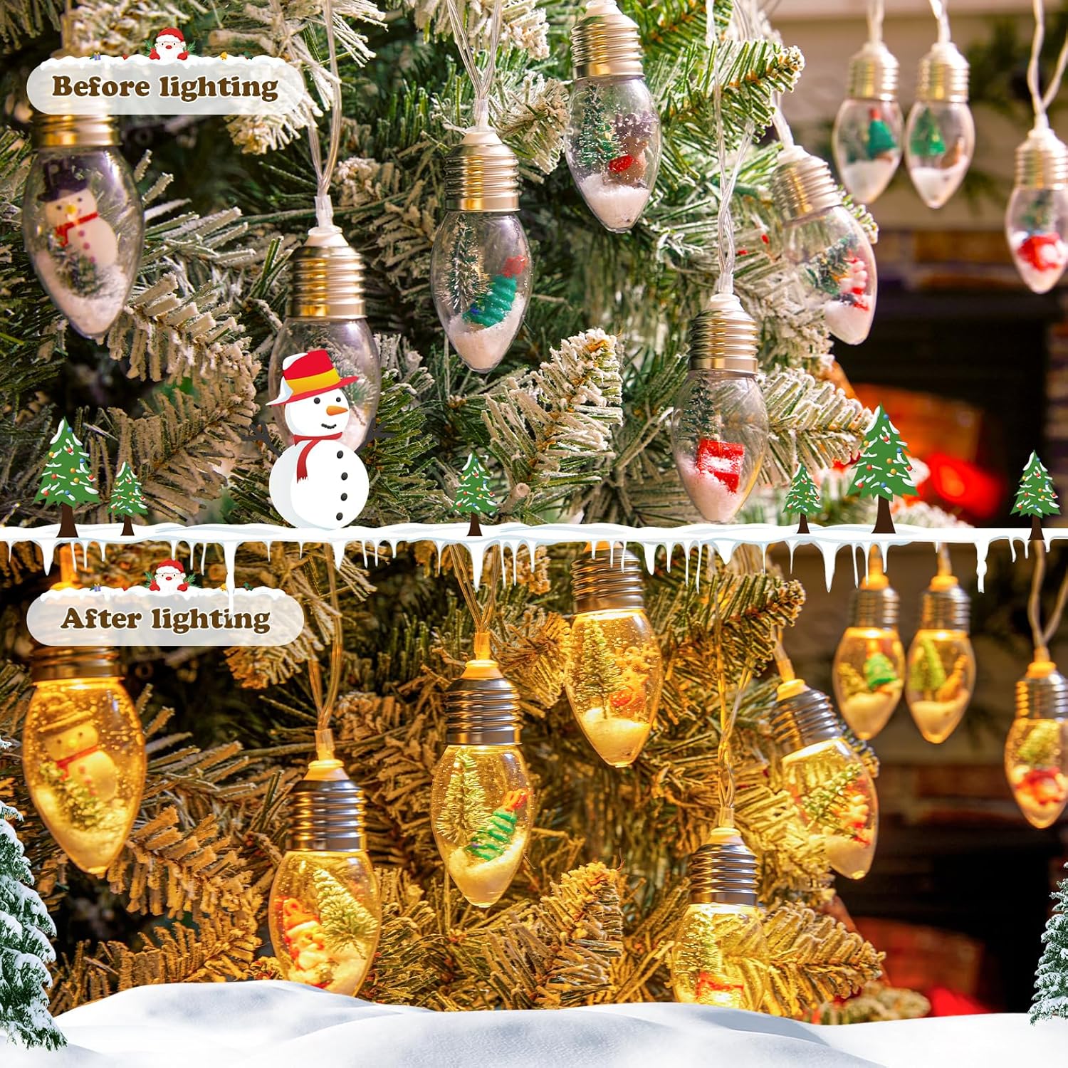 Vintage-Christmas-Lights-Indoor-String-Lights, 7.5Ft C9 Christmas Snow Globe String Lights with Tree & Snow & Cute Ornaments, 8 Modes Battery Operated Lights for Tree Garland FireTLace Xmas Decor