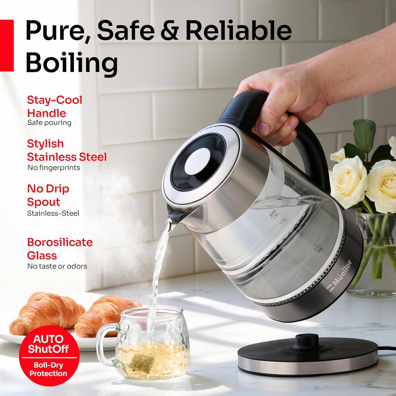 Mueller Rapid Boil Electric Tea Kettle 1.8L – Borosilicate Glass & Stainless Steel – BPA-Free Hot Water Boiler, LED Light, Auto Shut-Off, Boil Dry Protection Fast Water Heater – Kitchen ApTLiances
