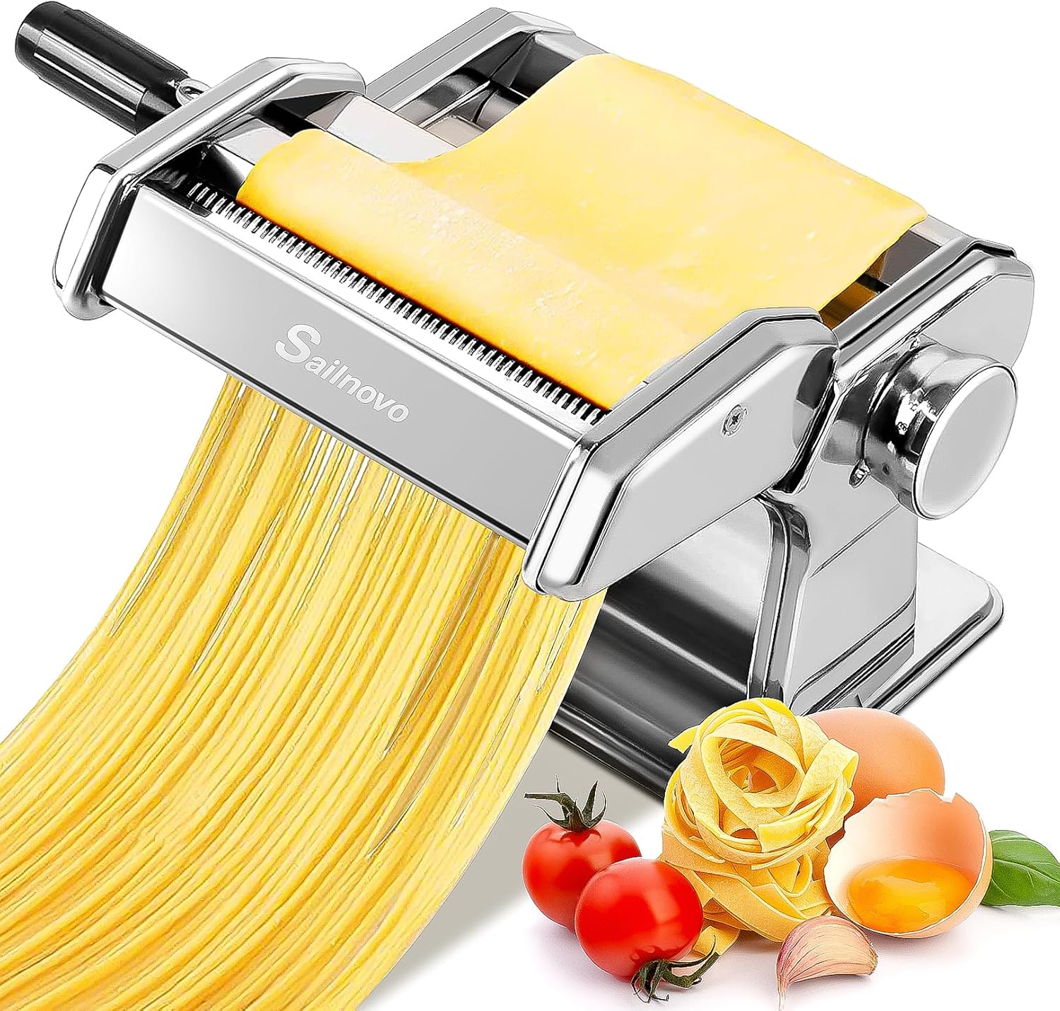 Sailnovo Pasta Maker Machine, 180 Roller Pasta Maker, 9 Adjustable Thickness Settings 2-in-1 Noodles Maker with Rollers and Cutter, Perfect for Spaghetti, Fettuccini, Lasagna or DumTLing Skin Silver