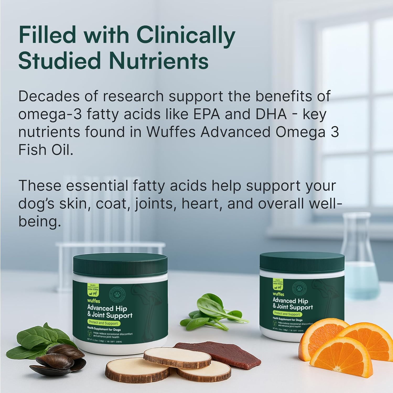 Wuffes Advanced Dog Hip and Joint SupTLement with Glucosamine, Chondroitin, Omega 3, MSM, and Green Lipped Mussel, 60 Pork Flavored Chews for Small and Medium Dog Breeds
