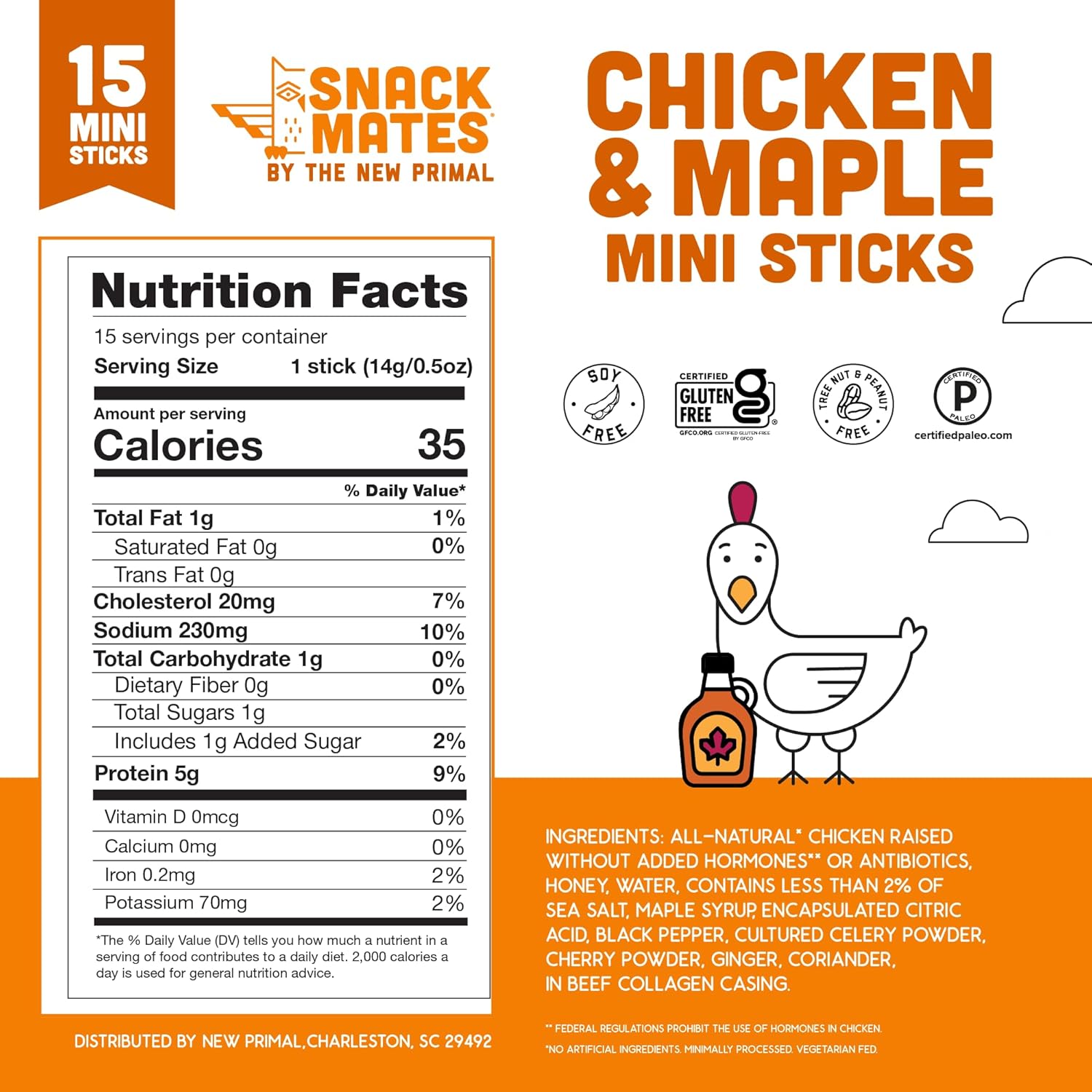 New Primal Snack Mates Gluten-Free Chicken & Maple Sticks, Healthy Snacks for Kids, Low Sugar High Protein, 15 Pack