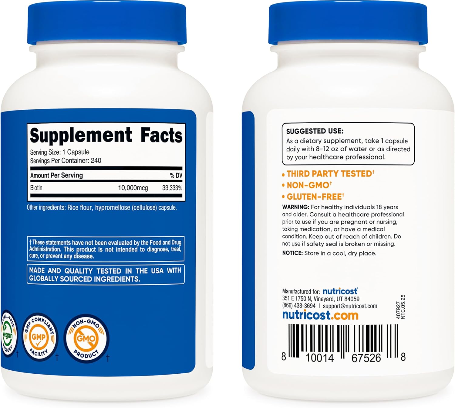 Nutricost Biotin (Vitamin B7) 10,000mcg (10mg) Vitamin SupTLement, 240 Capsules - Vegetarian, Gluten Free, Quick Release, Non-GMO