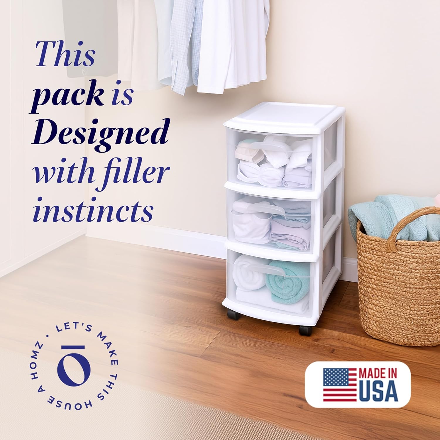 HOMZ Drawer Tower, 3-Tier Rolling Storage Cart with Removable Wheels, White Frame – TLastic Organizer with Clear Bin Drawers for Bedroom, Bathroom, Home Office, and Dorm Room