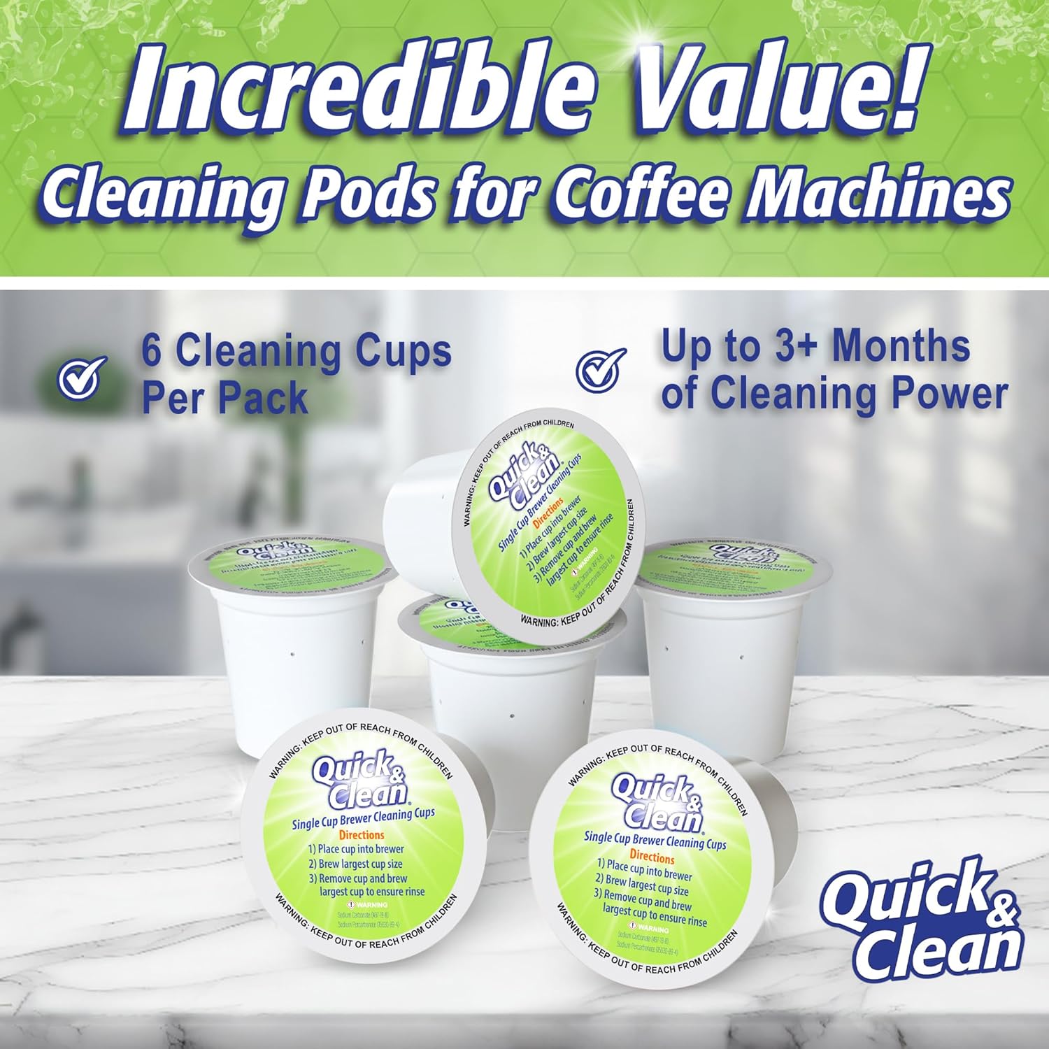 Quick & Clean [6-Pack] Keurig Cleaning Pods - K Cup Cleaner Pod For Keurig - 2.0 Coffee Machine Compatible, Removes Stains, Non-Toxic and Eco-Friendly