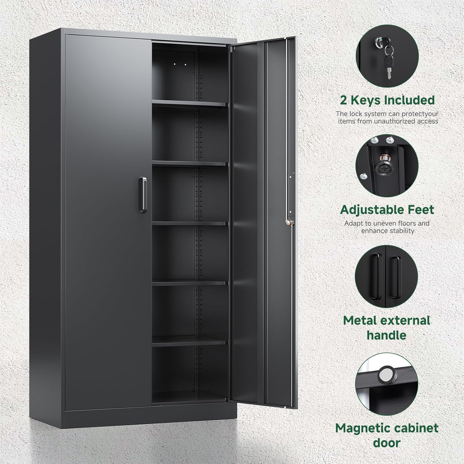 Letaya Metal Garage Storage Cabinets with Lock-72 Tall Tool Organizer Steel Lockers, 5 Adjustable Layers Shelves for Home,Office,Warehouse,Garage,(Black-72“) | with Lock, 72 Tall, Tool Organizer