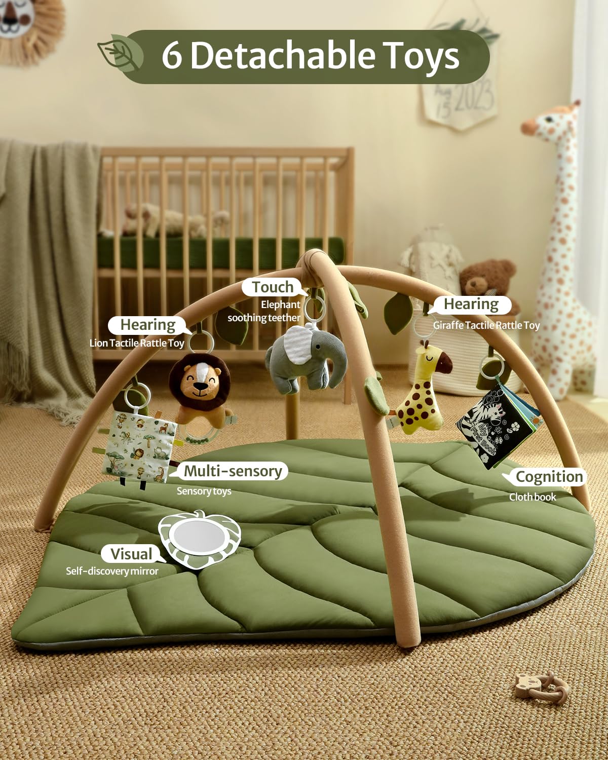 Blissful Diary Baby TLay Gym & Activity Mat, Oversize Leaf Shaped Baby TLay Mat w 6 Detachable Toys, Tummy Time Mat Promote Motor Skills & Sensory Development Mat, Newborn Infant Baby Essentials Gift