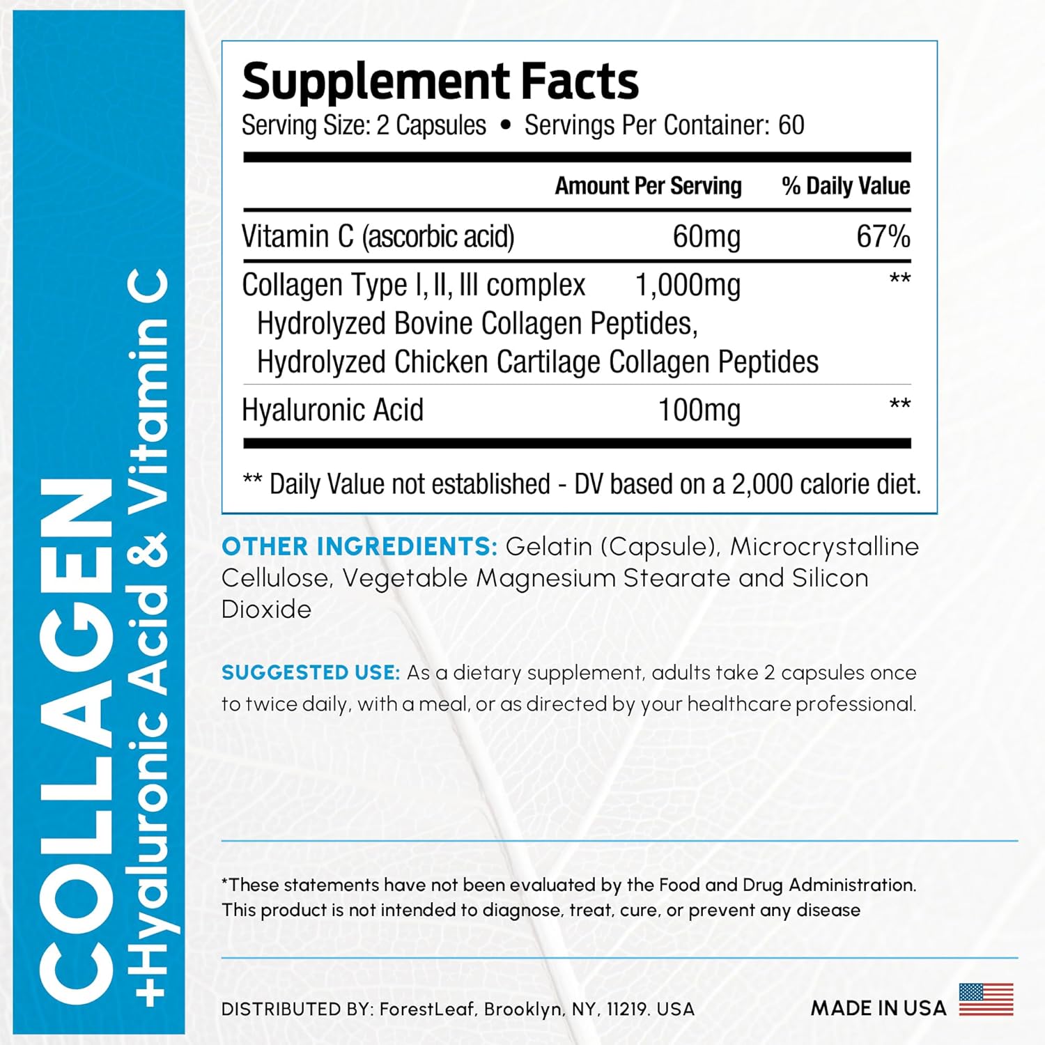ForestLeaf Multi Collagen Pills with Hyaluronic Acid + Vitamin C | Hydrolyzed Collagen SupTLements for Women or Men | Multi Collagen Capsules Peptides for Skin, Wrinkles, 120 Caps