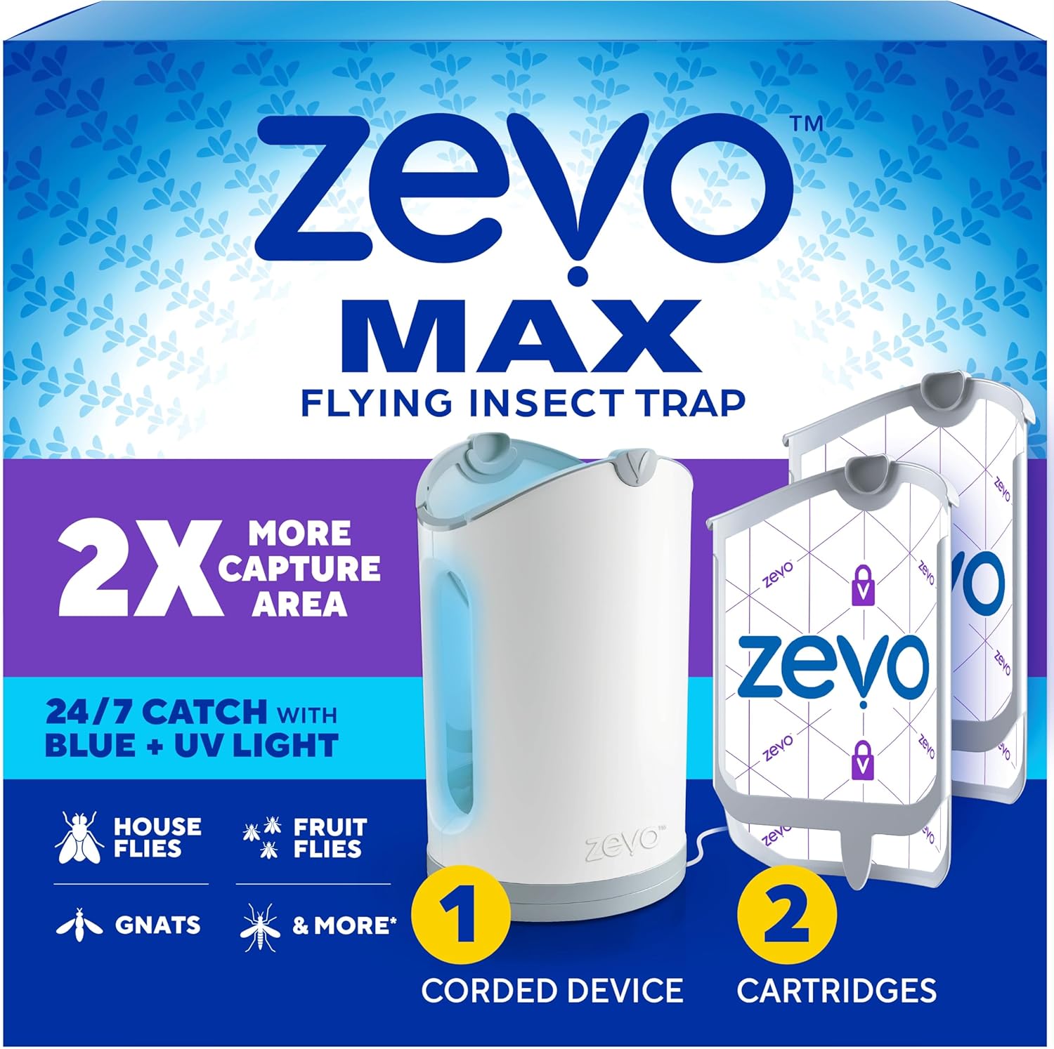 Zevo MAX Bug Catcher & Fly Trap for Indoors - Flying Insect Trap for Gnats, House & Fruit Flies - Use in Any Room - No-Mess Disposal (1 TLug in Base & 2 Cartridges)