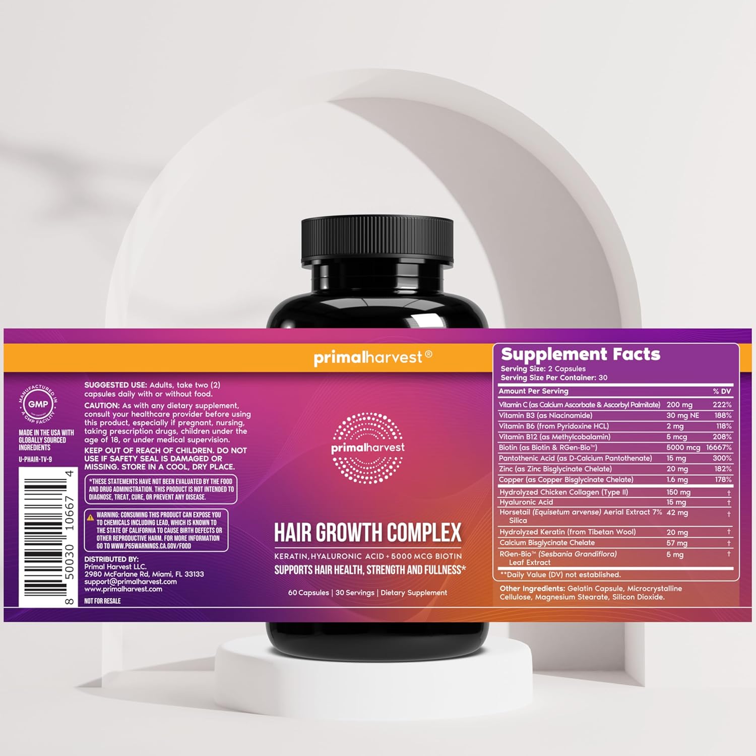 Primal Harvest Hair Growth Vitamins, Hair Growth for Women & Men - 60 Hair Growth Pills, Natural Hair Thickening Products for w/Biotin & Zinc - Hair SupTLement, Regrowth Hair Vitamins
