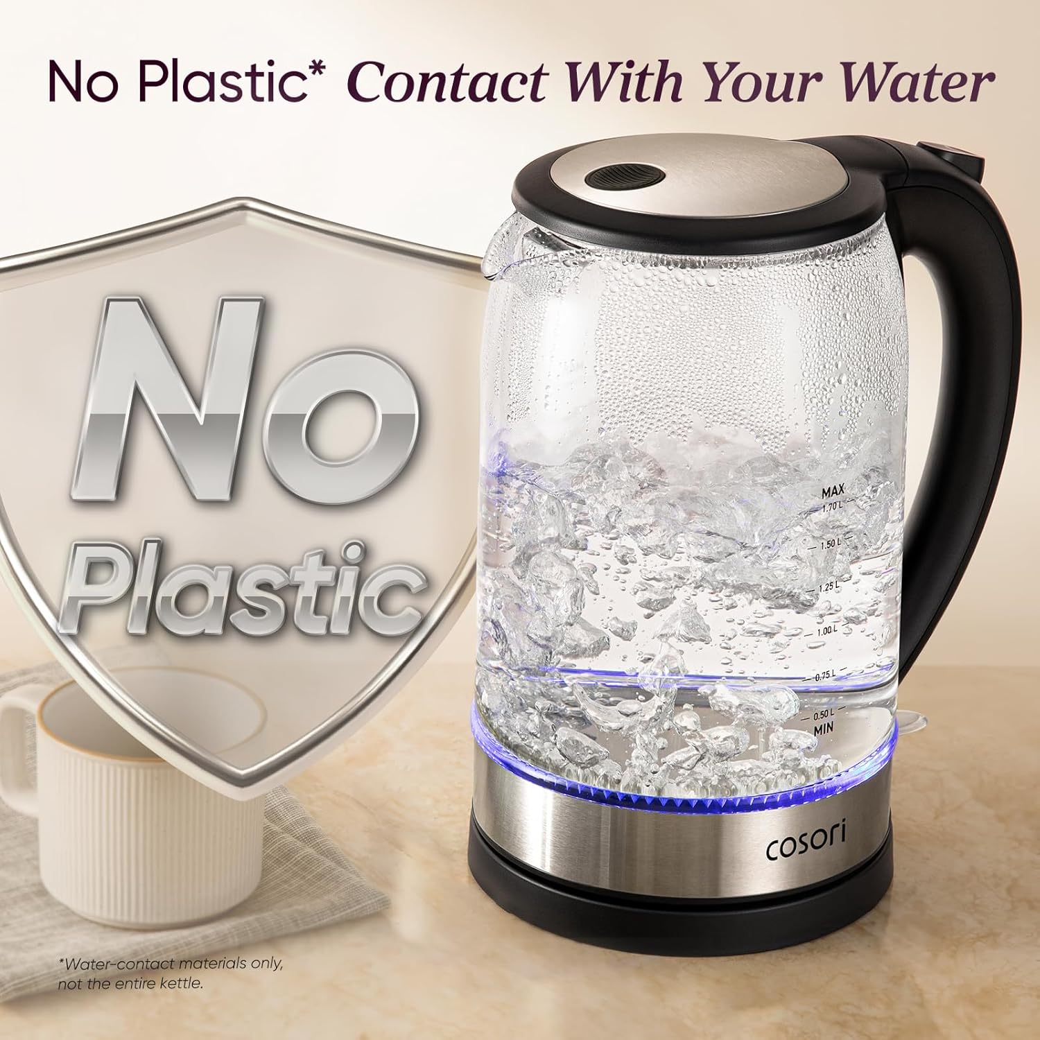 Cosori Electric Kettle, No TLastic Contact With Water, Wide Mouth For Easy Cleaning, Auto Shut Off, 1.7L Tea Kettle & Hot Water Boiler, Water Heater & Teapot, Borosilicate Glass, Black, 1500W