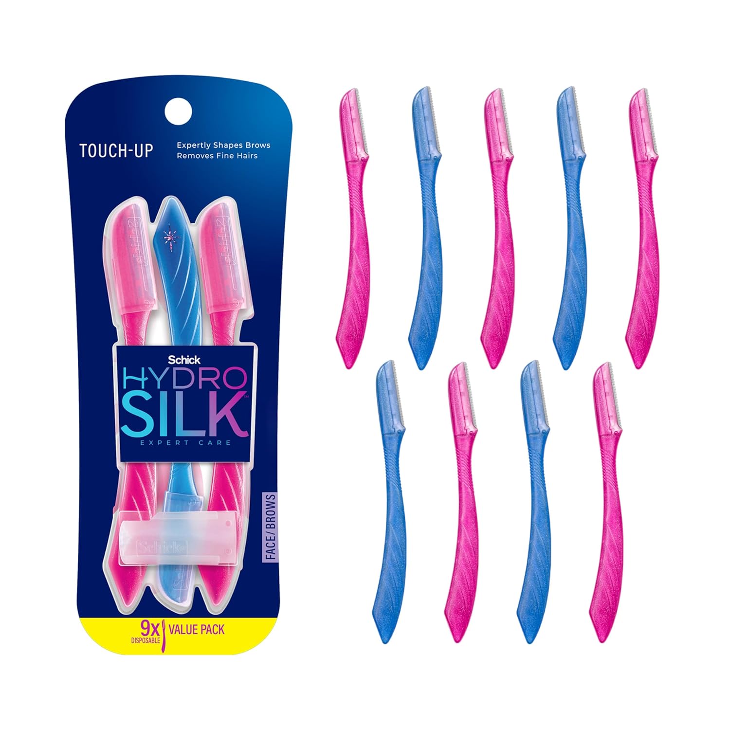 Schick Hydro Silk Touch-Up Dermaplaning tool for precision eyebrow shaping and peach fuzz removal, 3ct