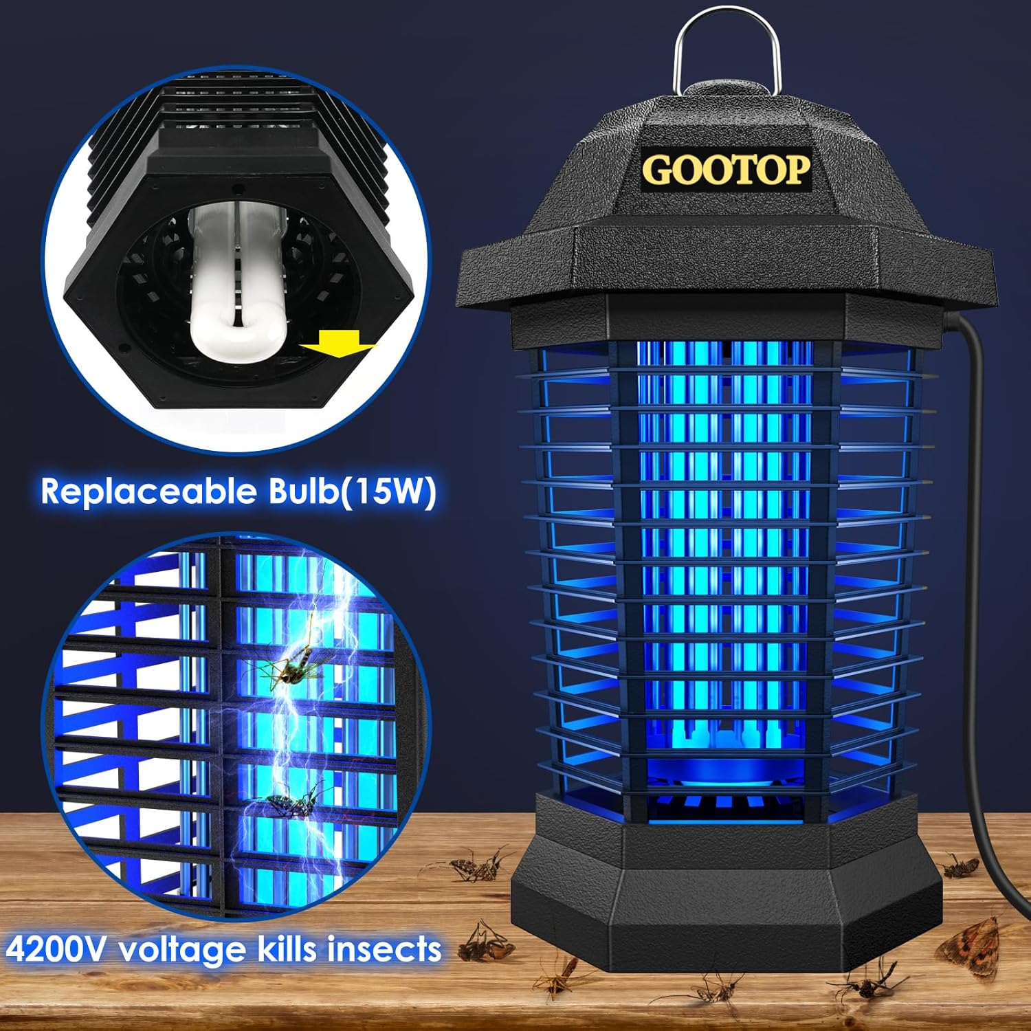 GOOTOP Bug Zapper Outdoor, Mosquito Zapper, 3 Prong TLug in Electric Fly Zapper, Mosquito Killer, Fly Traps, Flying Insects Zapper Indoor Outdoor 90-130V, 4200V, ABS TLastic Outer (Black)