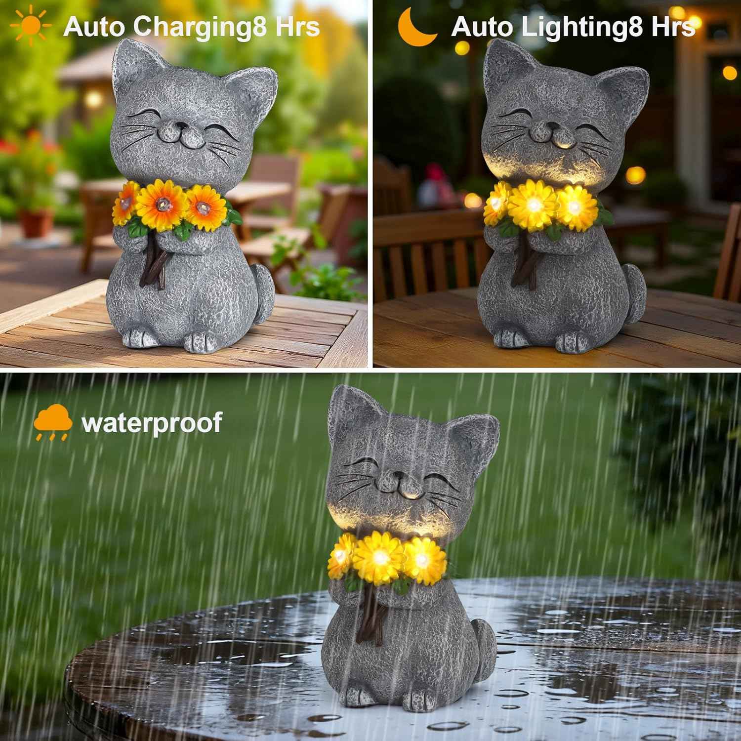 Solar Garden Statues Cat with Daisy and LED Lights Birthday Gifts for Women Mom Grandma Solar Outdoor Cat Decor for Outside,Outdoor Solar Lights for Yard, Garden and Patio, Unique Gift for Women