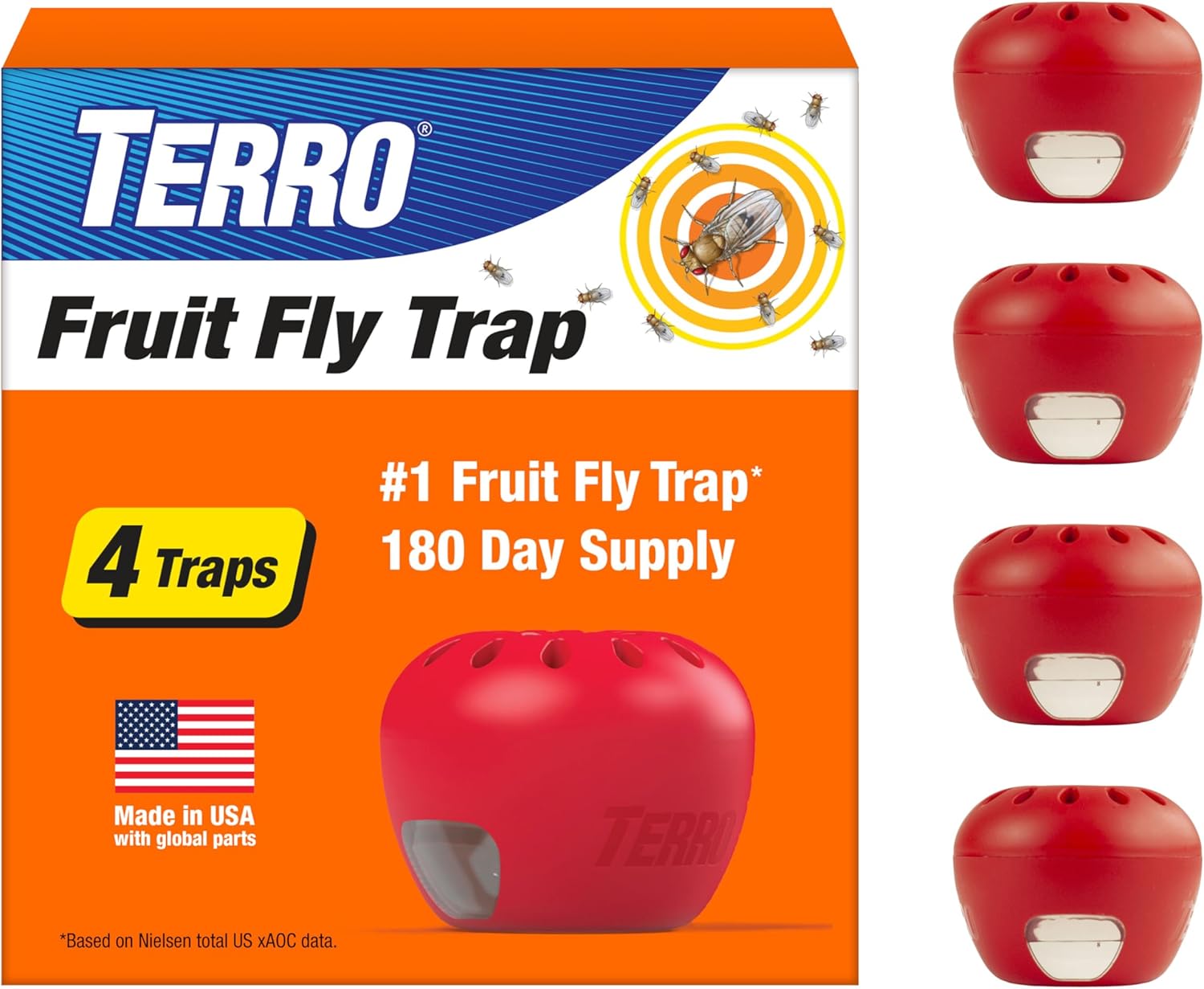TERRO Fruit Fly Traps for Indoors (4 Pack) + 180 Days of Lure SupTLy - T2503SR - Lure and Kill Indoor Fruit Flies Near Fruit, Trash Cans, Countertops - Ready to Use Trap - 180 Day SupTLy