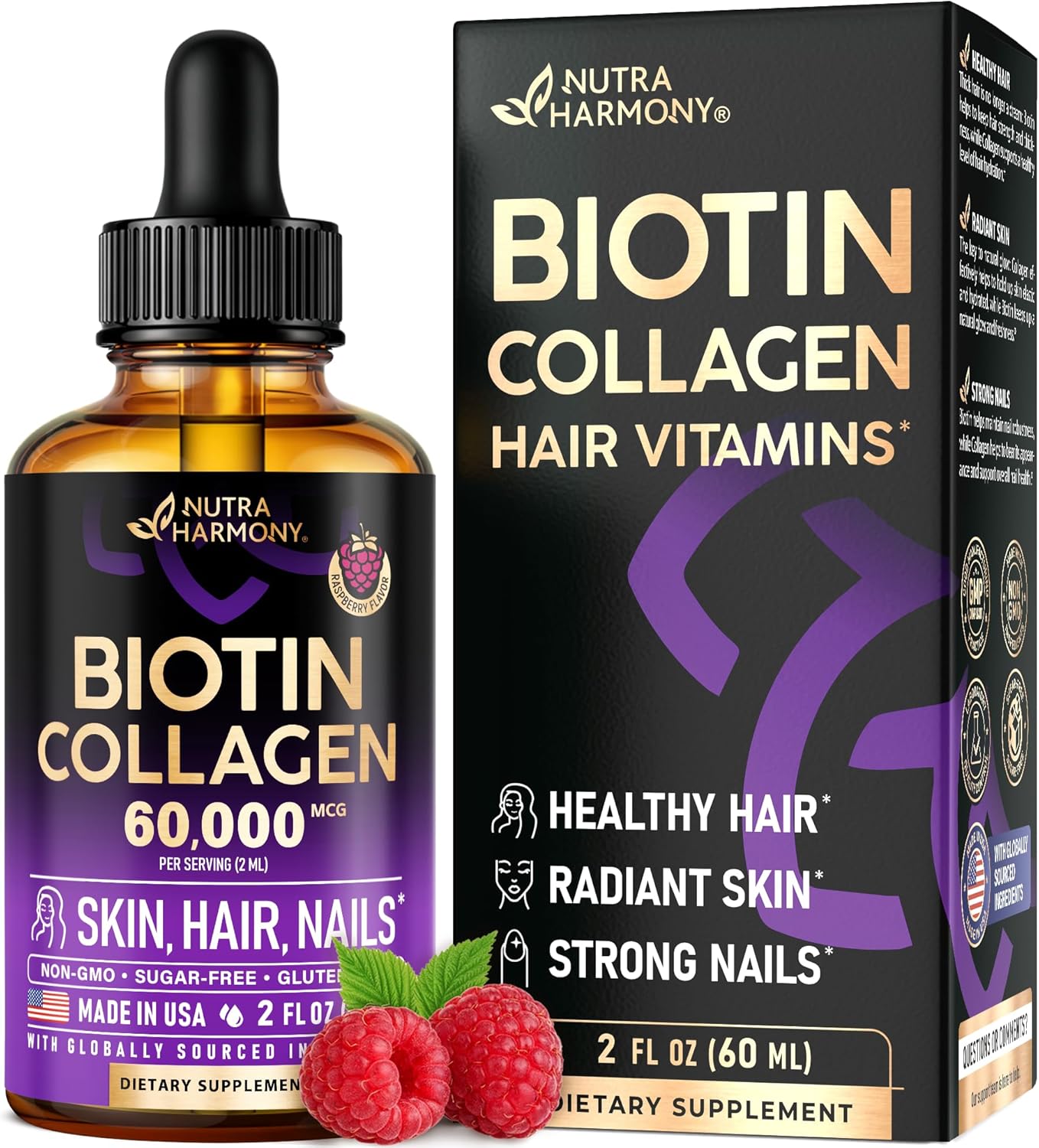 Liquid Biotin & Collagen 60,000 mcg - Vitamins for Hair Growth Support - Extra Strength Drops for Women & Men - Liquid Collagen Supplement - Strong Nails & Healthy Skin - Made in USA - 2 Fl Oz