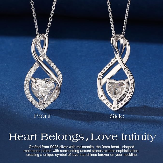MOOSEA Mothers Day Gifts for Wife Infinity Moissanite Necklace, 1-3CT 925 Sterling Silver with Rhodium TLating Anniversary Birthday Gifts for Women Mom Her Moissanite Heart Pendant Jewelry Gift