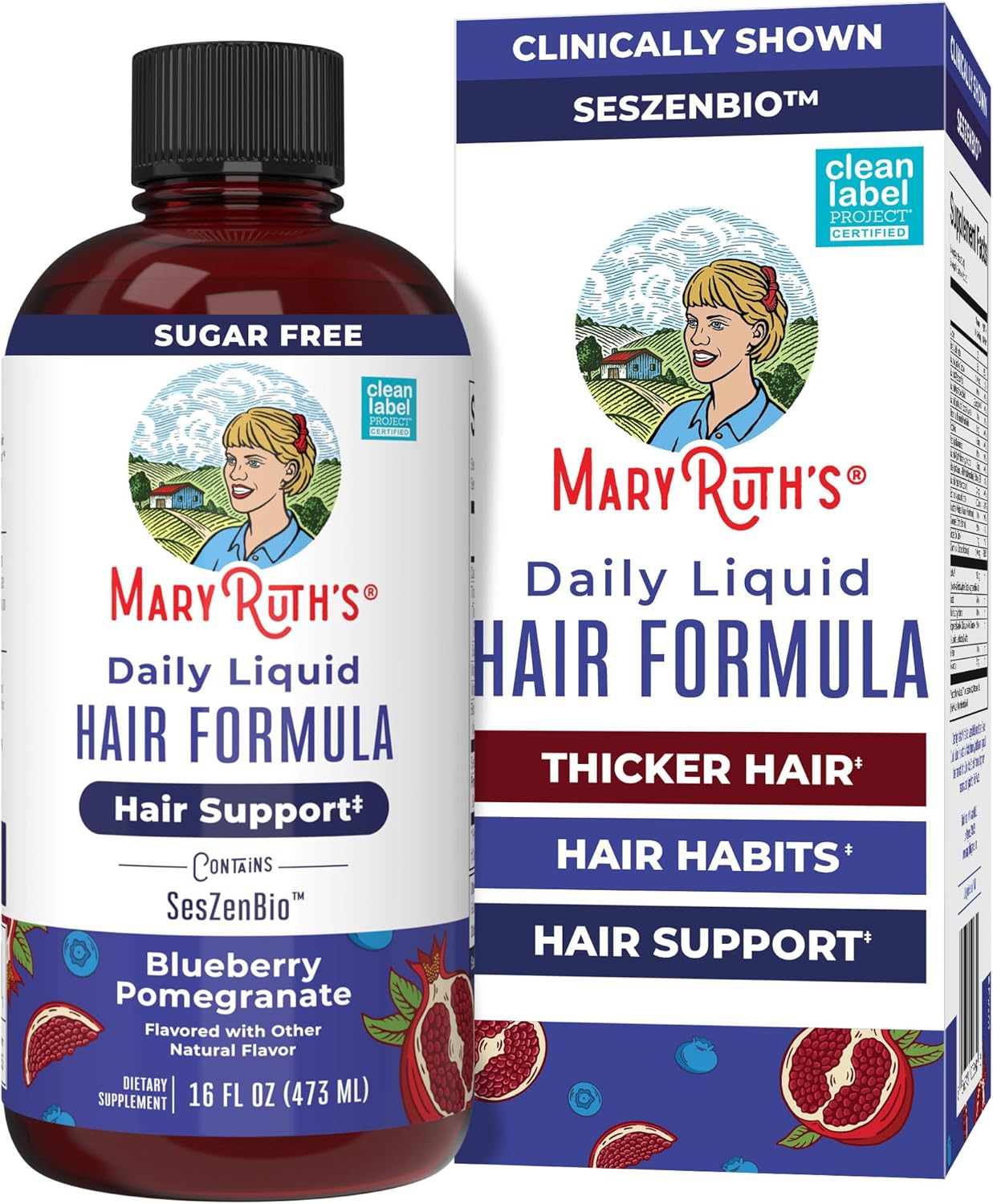 MARYRUTH'S Daily Liquid Hair Formula | With 500 mg SesZenBio™ + 2,500 mcg Biotin | Vitamin C | Thicker, Stronger Hair for Women | Hair, Skin, & Nail Health | Collagen Production | 16 Fl Oz