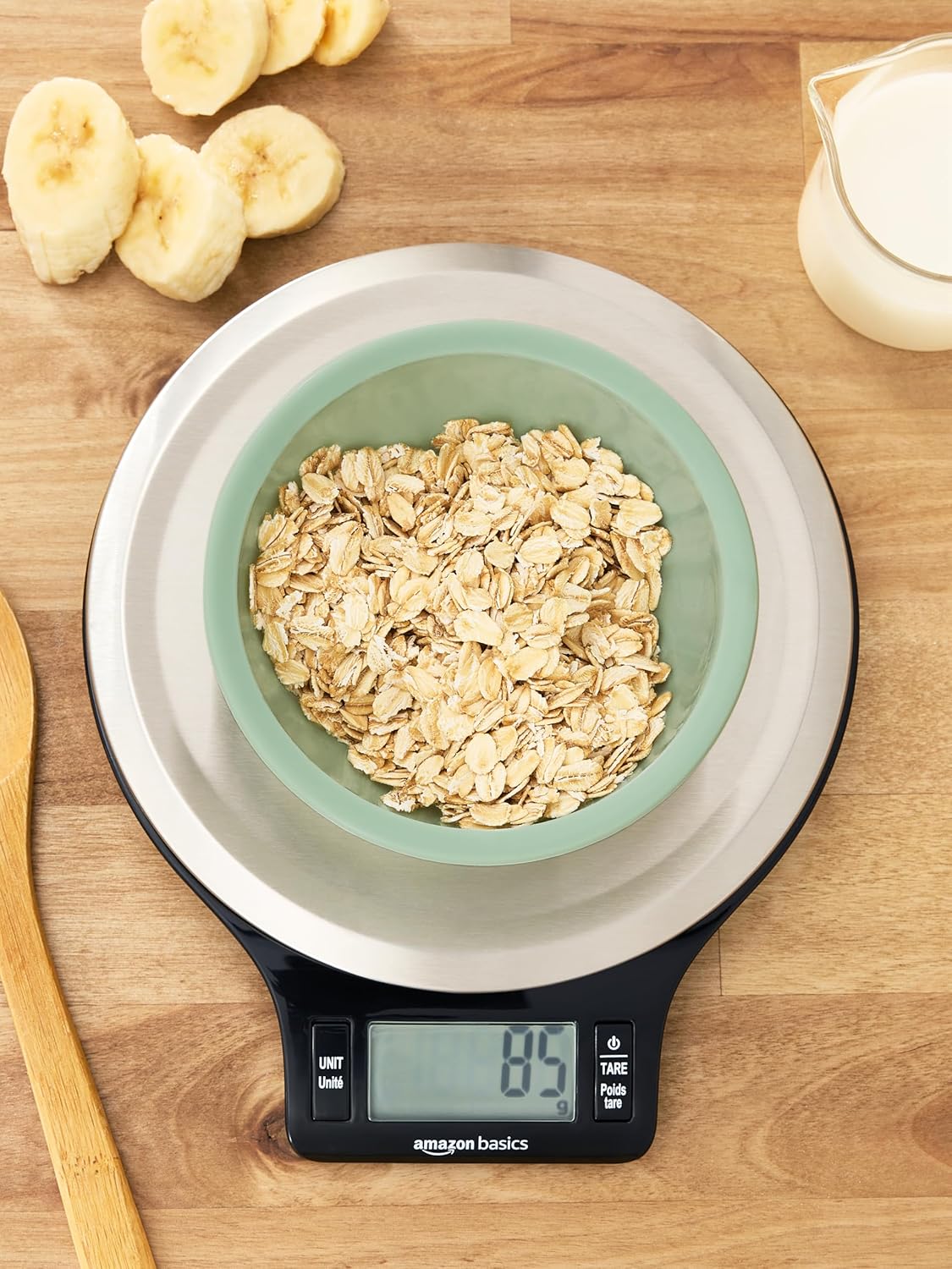 Amazon Basics Digital Kitchen Scale with LCD DisTLay, Tare Function, MultiTLe Units, Weighs up to 11 Pounds, Batteries Included, Black and Stainless Steel