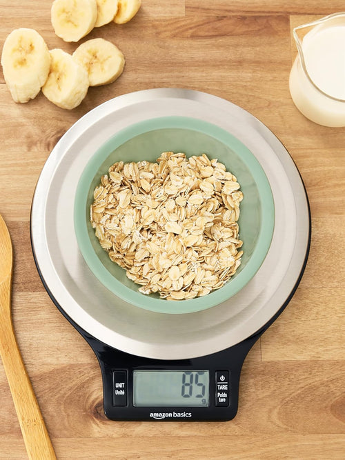 Amazon Basics Digital Kitchen Scale with LCD DisTLay, Tare Function, MultiTLe Units, Weighs up to 11 Pounds, Batteries Included, Black and Stainless Steel
