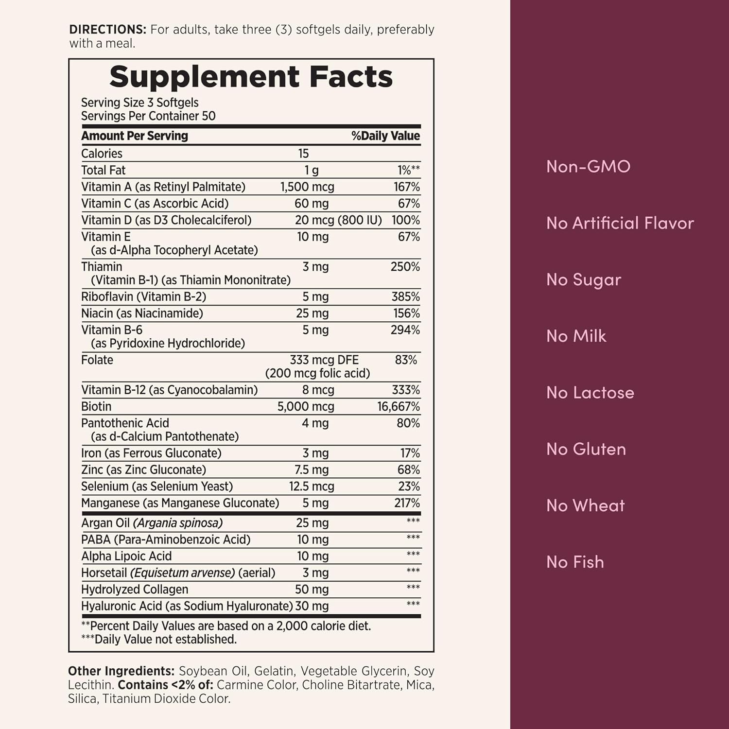 Nature's Bounty Advanced Hair, Skin & Nails, Argan-Infused Vitamin SupTLement with Biotin and Hyaluronic Acid, 150 Rapid Release Softgels, 50 Total Servings