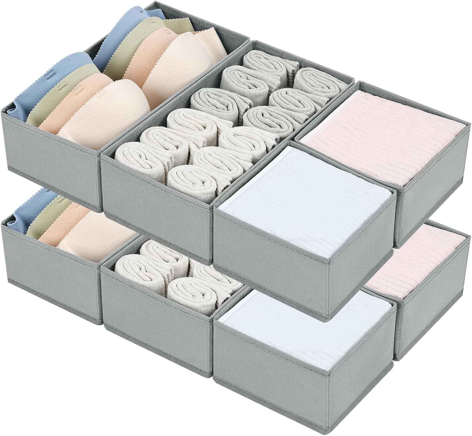 DIMJ Drawer Organizers Clothes, Set of 4 Dresser Organizer Bins, Fabric Closet Organizers and Storage, Shallow Drawer Dividers for Nursery, Clothing, Baby Clothes, Socks, Underwears, Tie (Beige)