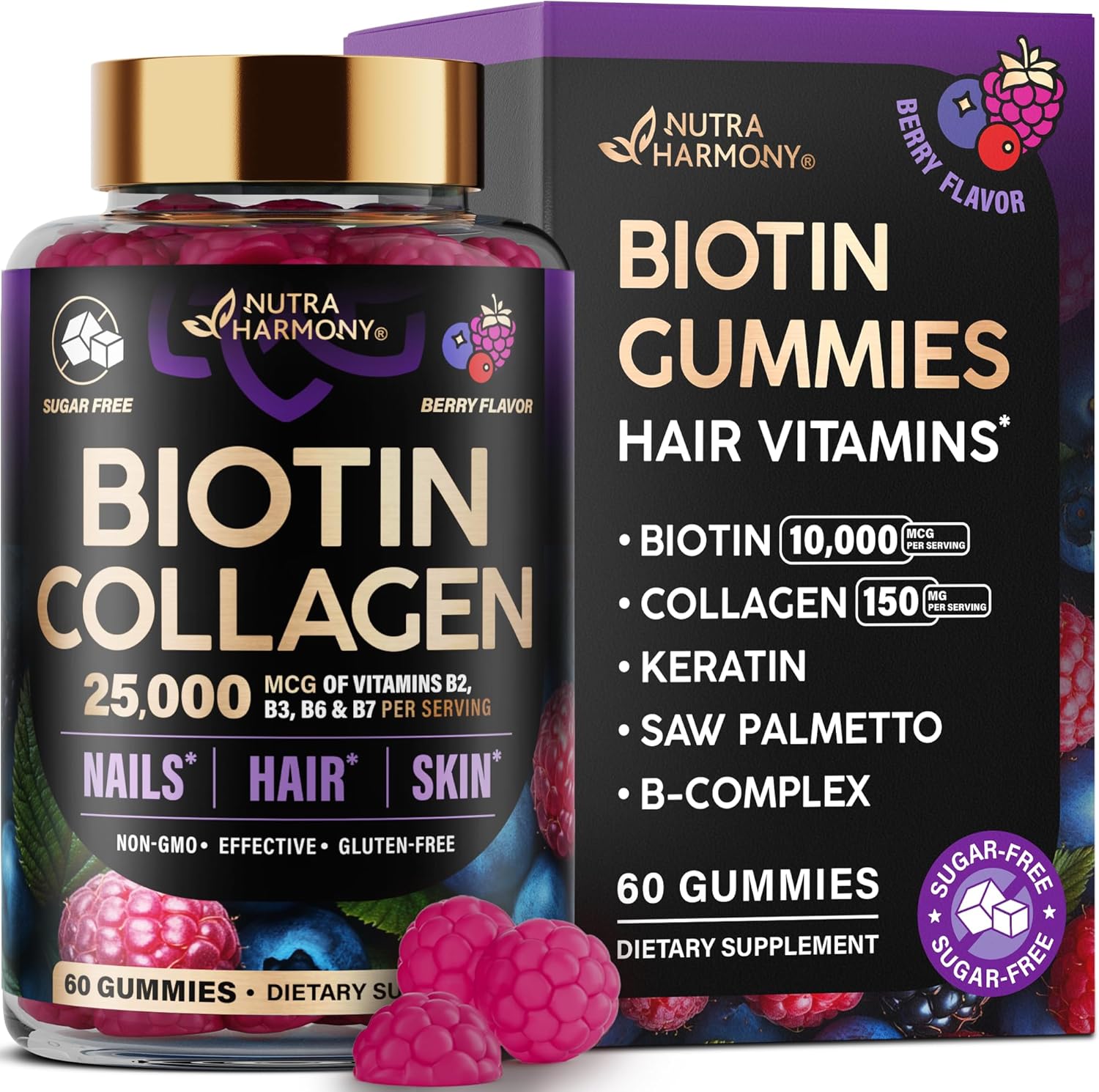 Biotin Gummies with Collagen - Hair Growth Support Skin, & Nail Strength - for Women & Men - Biotin 10000mcg | Keratin | Hyaluronic Acid | B-ComTLex | Saw Palmetto - Sugar-Free, Mixed Berry - 60 Gummy