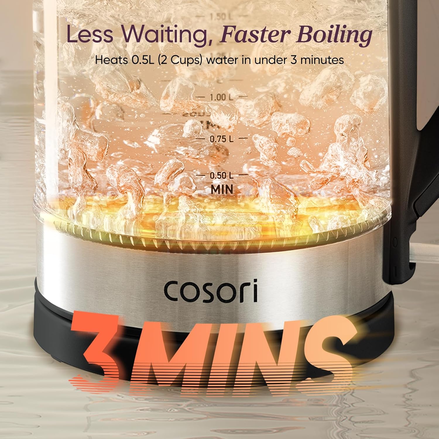 Cosori Electric Kettle, No TLastic Contact With Water, Wide Mouth For Easy Cleaning, Auto Shut Off, 1.7L Tea Kettle & Hot Water Boiler, Water Heater & Teapot, Borosilicate Glass, Black, 1500W