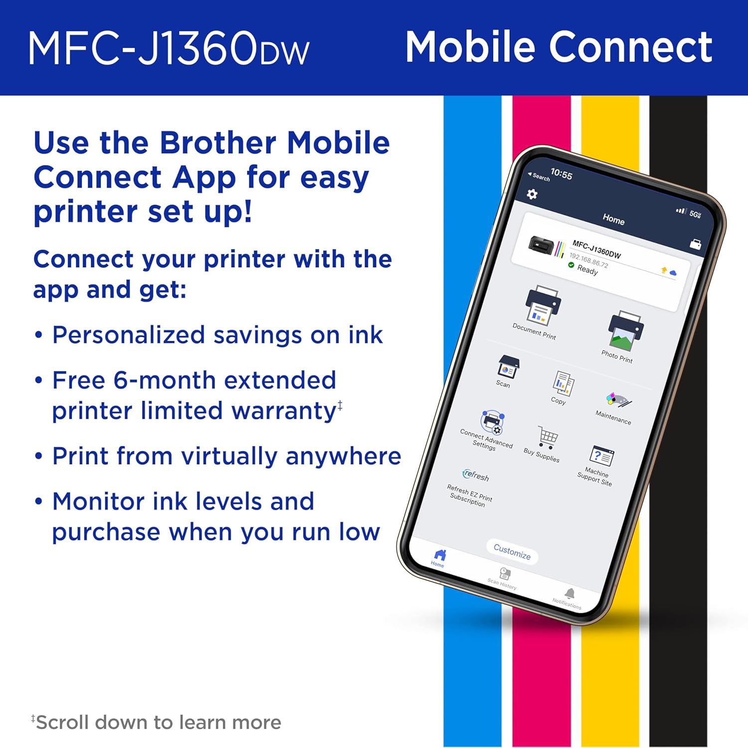 Brother Work Smart 1360 Wireless Color Inkjet All-in-One Printer with Automatic DuTLex Printing and 1.8” Color DisTLay | Includes Refresh Subscription Trial(1) (MFC-J1360DW) (Uses LC501 Series Inks)