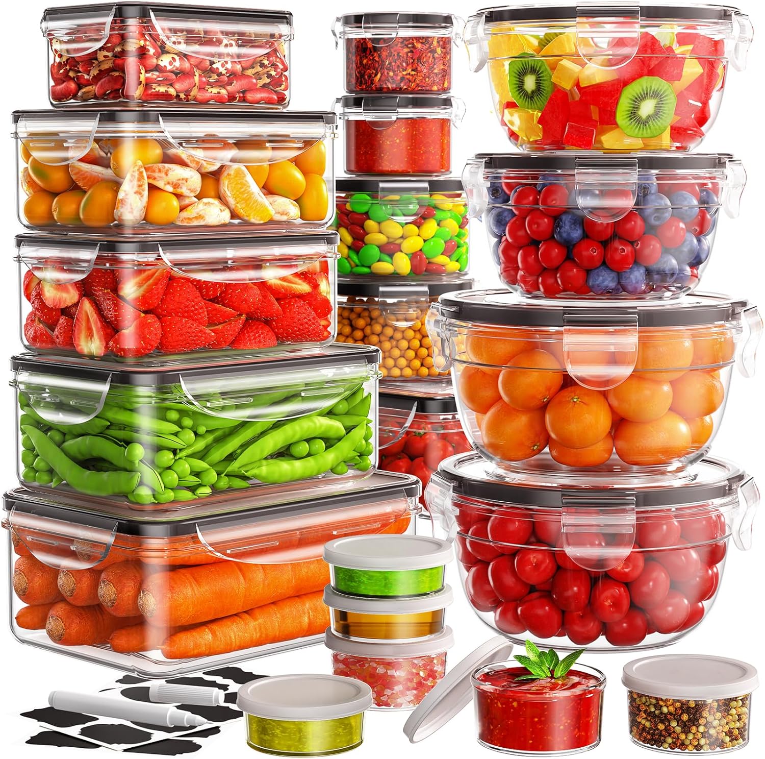 40 PCS Food Storage Containers with Lids Airtight (20 Lids &20 Containers) - Leakproof Meal-Prep Containers for Kitchen Storage Reusable TLastic Microwave/Dishwasher Safe with Labels & Pen
