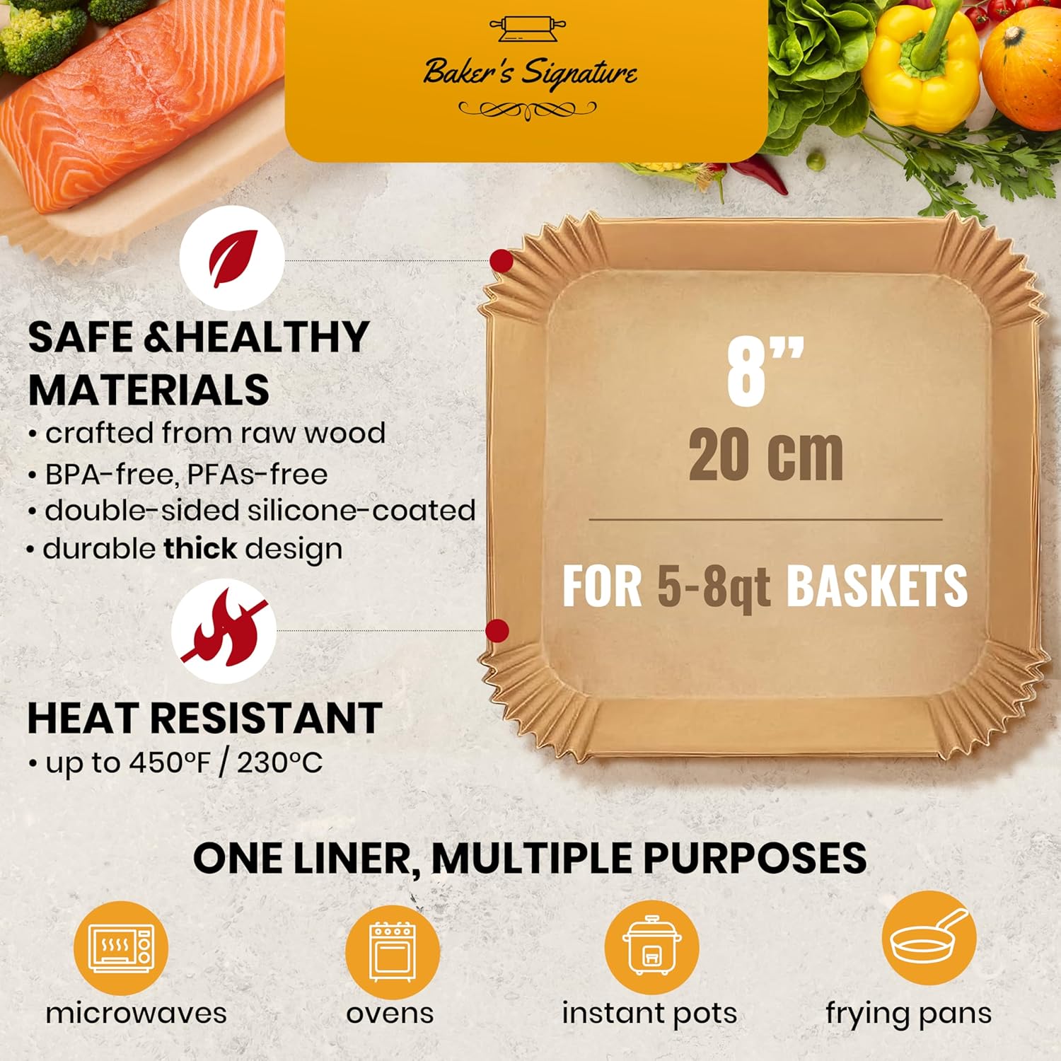 Air Fryer Paper Liners, 125Pcs Air Fryer Disposable Liners, Non-Stick and Oil Proof for Easy Cleanup, 8” Square for 5-8 qt Basket by Baker's Signature