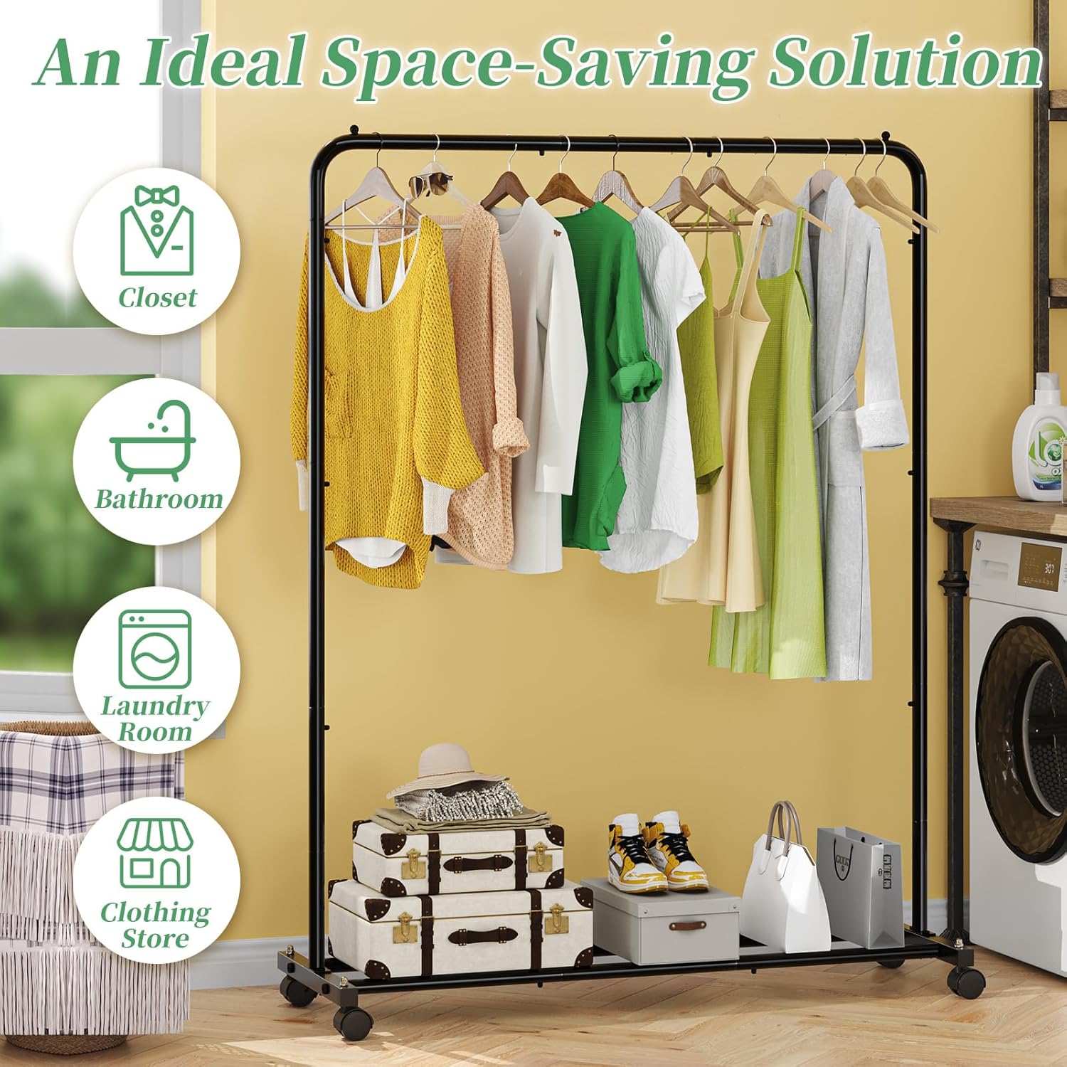 SimTLe Trending Clothing Rack for Hanging clothes, Portable Garment Rack with Bottom Shelf, Metal Clothes Rack on Wheels for Bedroom, Laundry Room, Black
