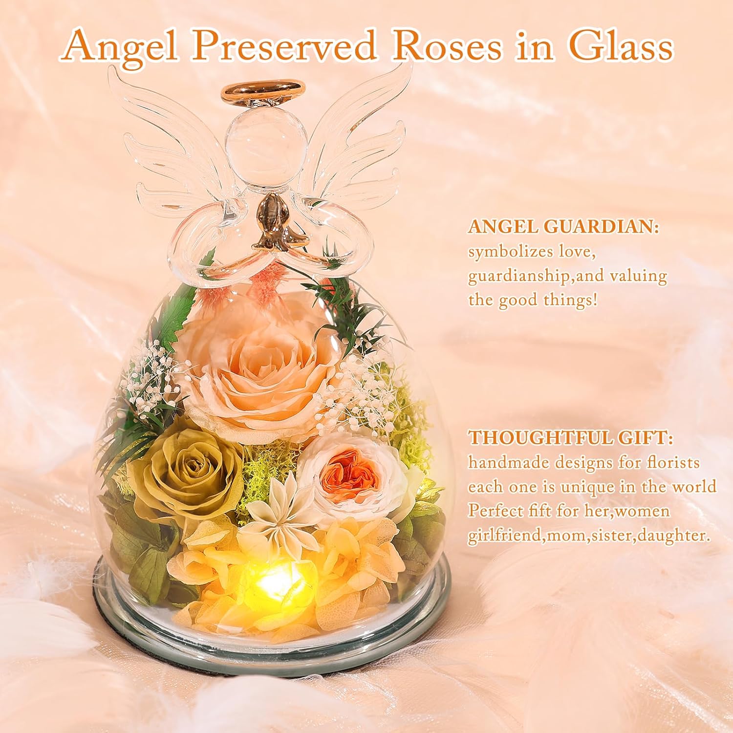Gifts for Mom Mothers Day Birthday Gifts for Women Preserved Rose Forever Flower in Glass Angel Figurines Fresh Flowers for Delivery Anniversary Real Colorful Roses for Grandma Her Wife from Daughter