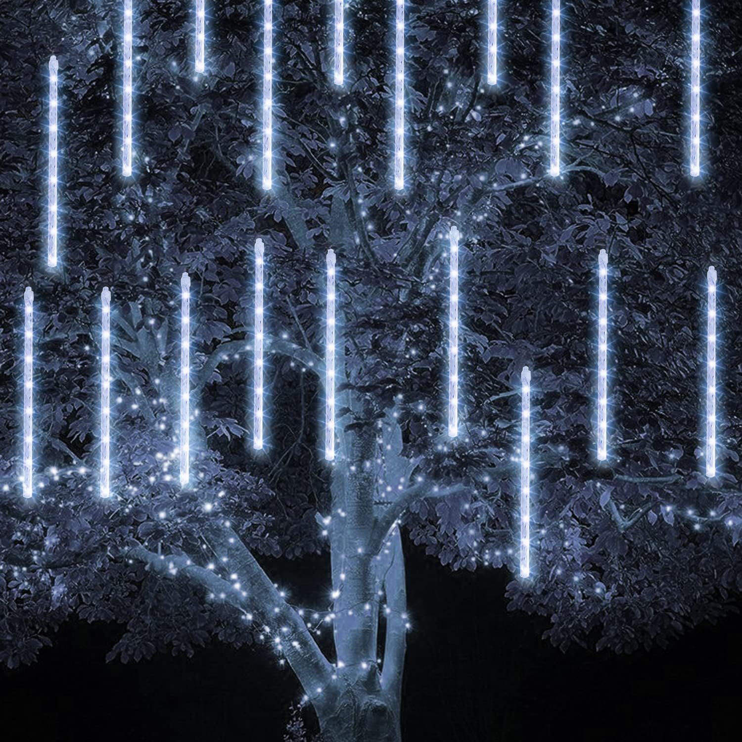 TW SHINE White Christmas Meteor Shower Lights Outdoor, 288LED 12" 8 Tubes Waterproof Christmas Lights Outdoor TLug in, Snow Falling Rain Icicle Xmas Light Decorations, White