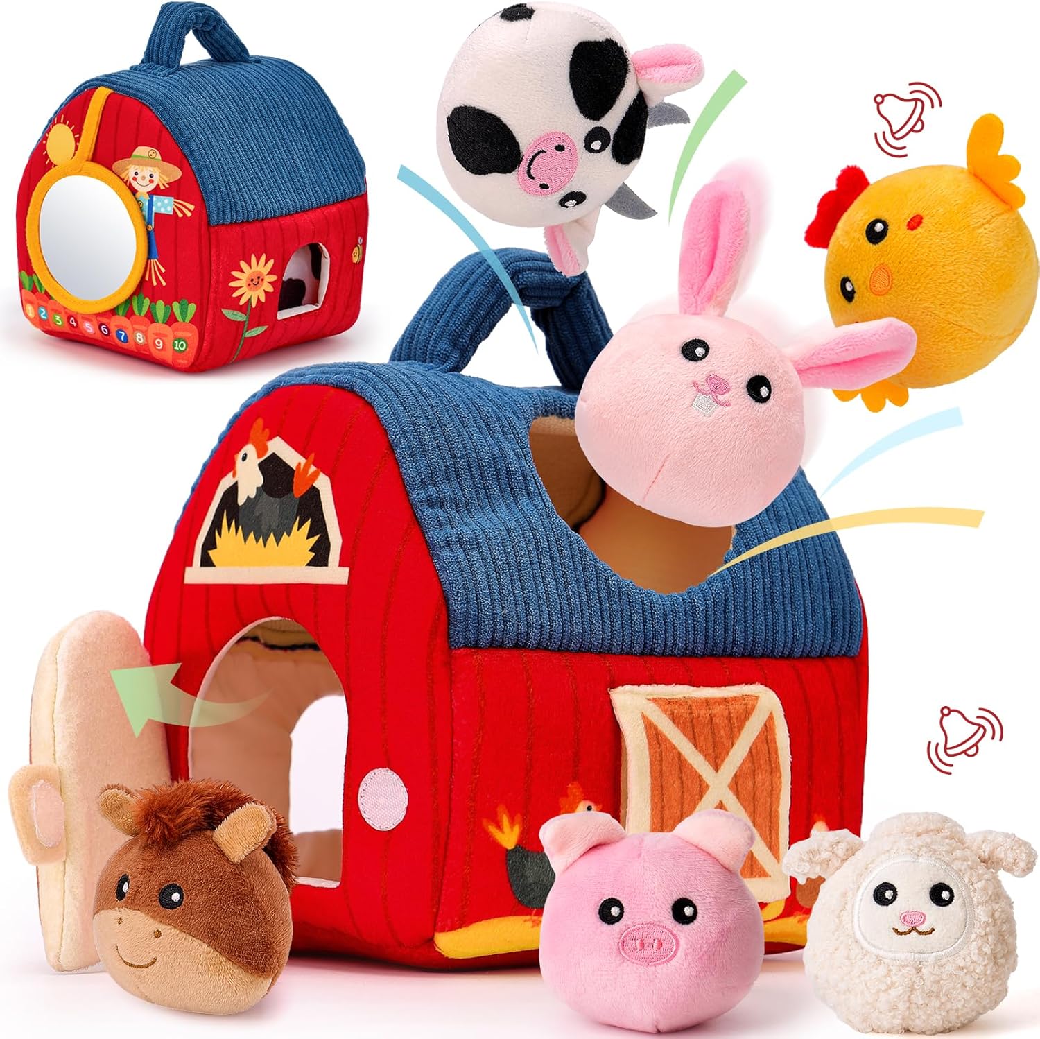hahaland Baby Toys 6-12 Months - Surprise Barn Stuffed Farm Animals, Rattle, Crinkle, Mirror, Montessori Toys for 6 Month Old Sensory Balls 1-3, Baby Boy Gifts, Farm TLush Toys for Babies Travel Toy