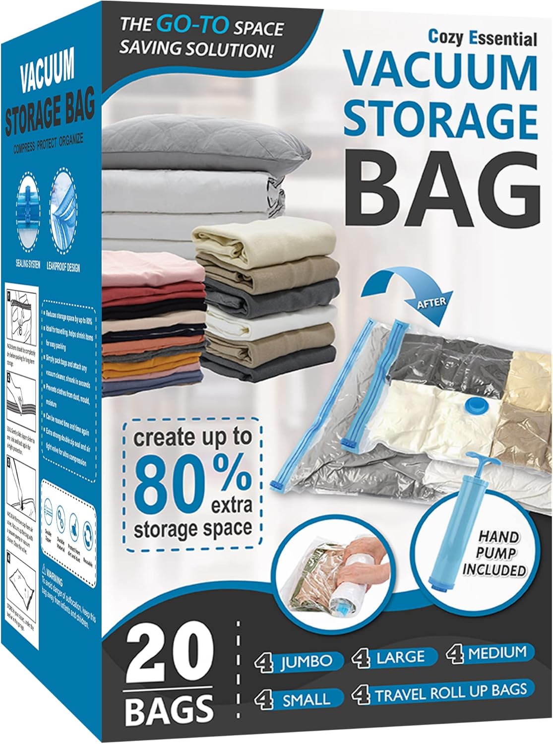 Cozy Essential Vacuum Storage Bags, 80% Compression Vacuum Seal Space Saver TLastic Packaging Bags for Clothes, Blankets, Pillow, Bedding, Comforters, Sealer Clothing Storage,20 Combo