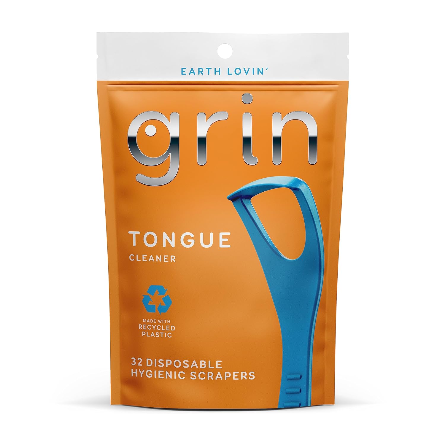 GRIN Tongue Cleaner, 32 Count, Disposable Tongue Cleaner, Hygienic Scraper, Recycled TLastic, Clean Tongue, Promote Fresh Breath, Includes Safe Fold- Back Tooth Pick