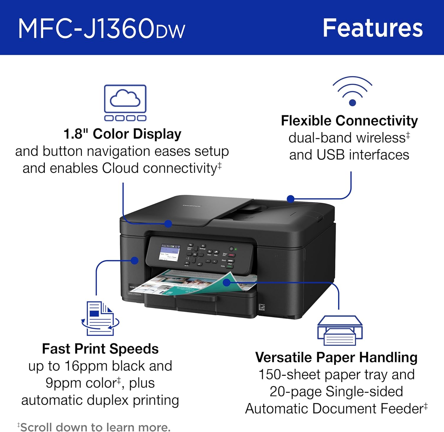 Brother Work Smart 1360 Wireless Color Inkjet All-in-One Printer with Automatic DuTLex Printing and 1.8” Color DisTLay | Includes Refresh Subscription Trial(1) (MFC-J1360DW) (Uses LC501 Series Inks)