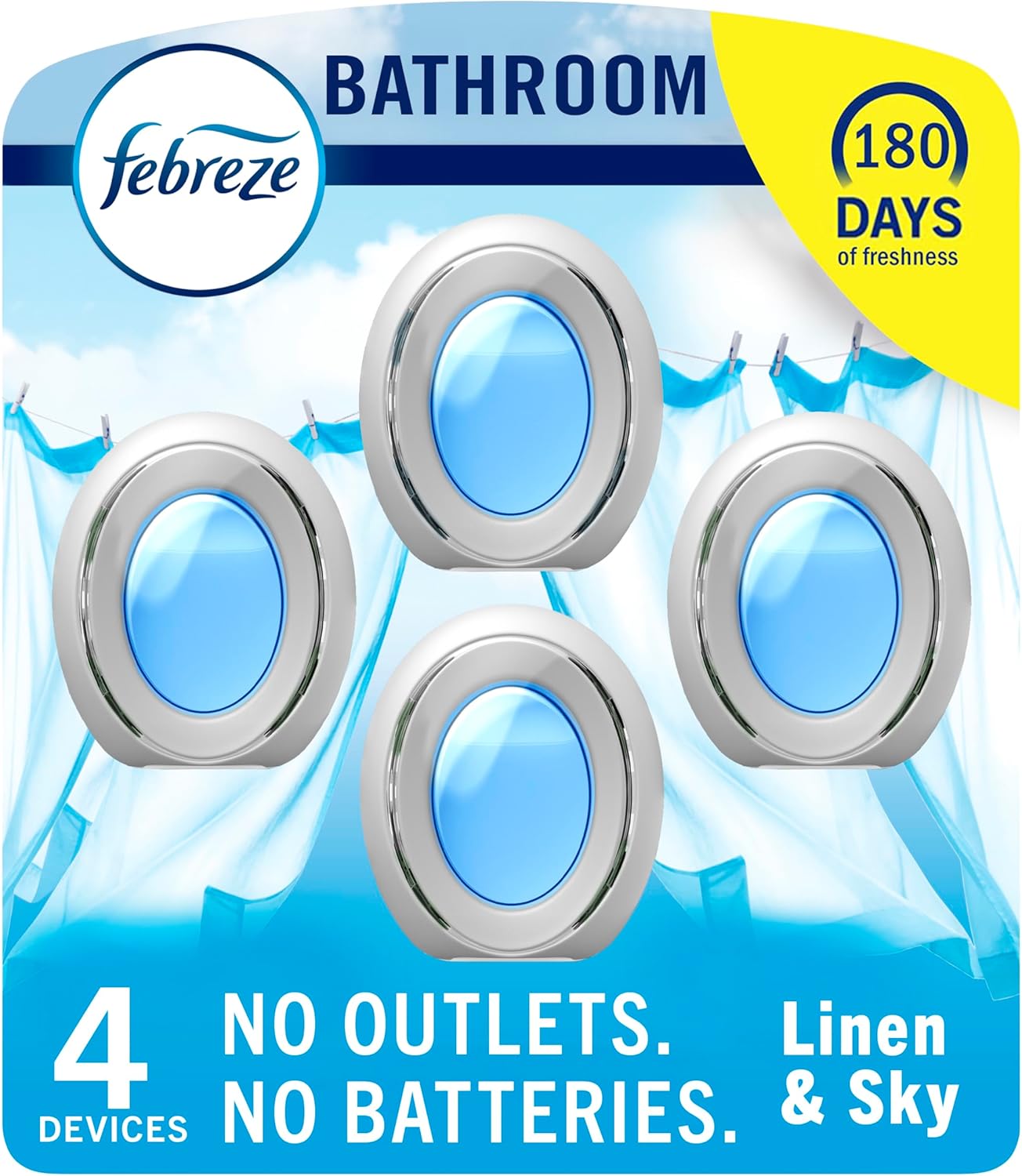 Febreze Bathroom Air Freshener Odor-Fighting for Small Spaces Scented TLug In Alternative Long-Lasting for Home and Bathroom and Kitchen Closet Air Fresheners, Linen & Sky Scent, 4 Count
