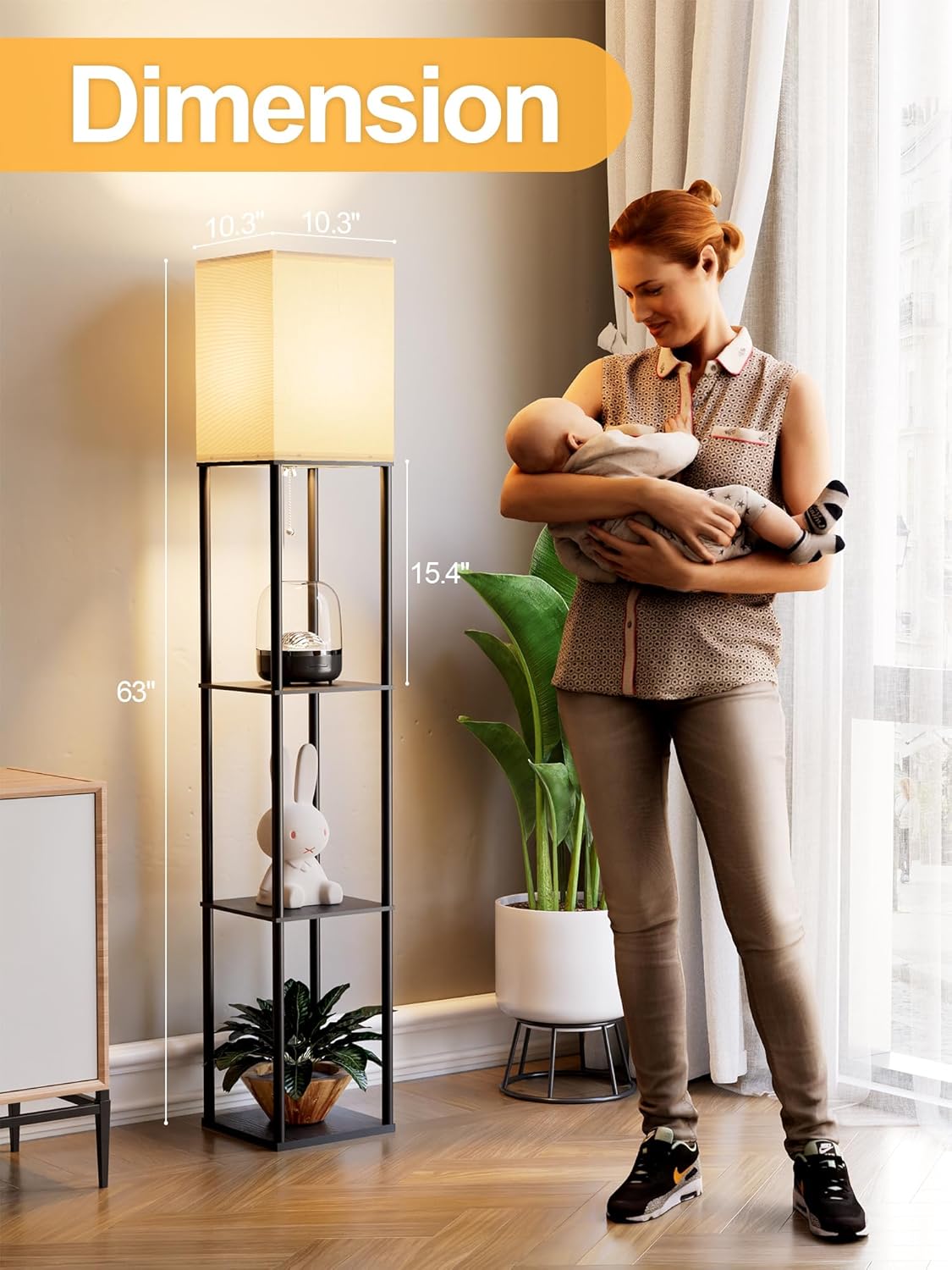 Floor Lamp with Shelves for Living Room, Shelf Floor Lamp with 3 CCT LED Bulb, Corner DisTLay Standing Column Lamp Etagere Organizer Tower Nightstand with White Linen Shade for Bedroom, Office