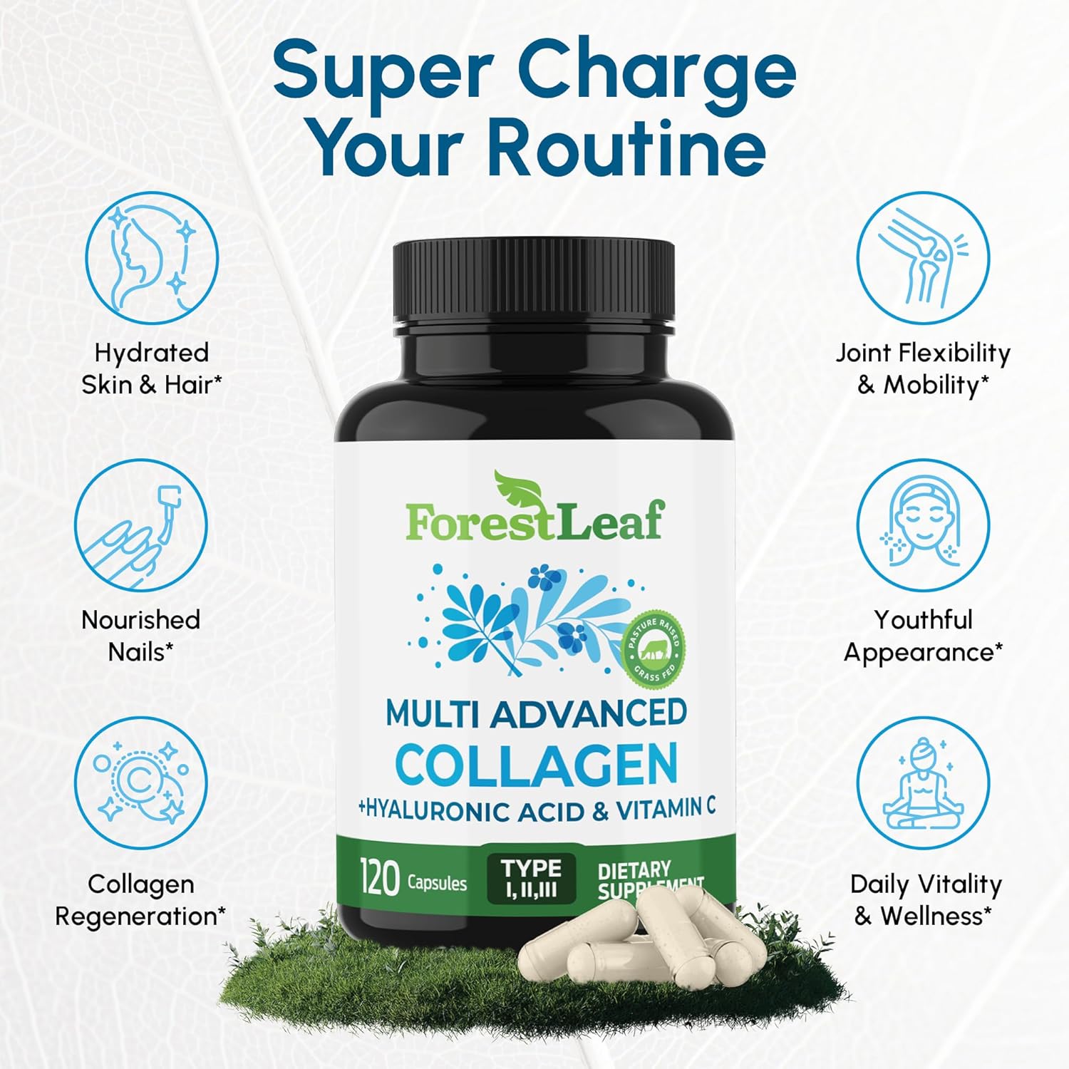 ForestLeaf Multi Collagen Pills with Hyaluronic Acid + Vitamin C | Hydrolyzed Collagen SupTLements for Women or Men | Multi Collagen Capsules Peptides for Skin, Wrinkles, 120 Caps