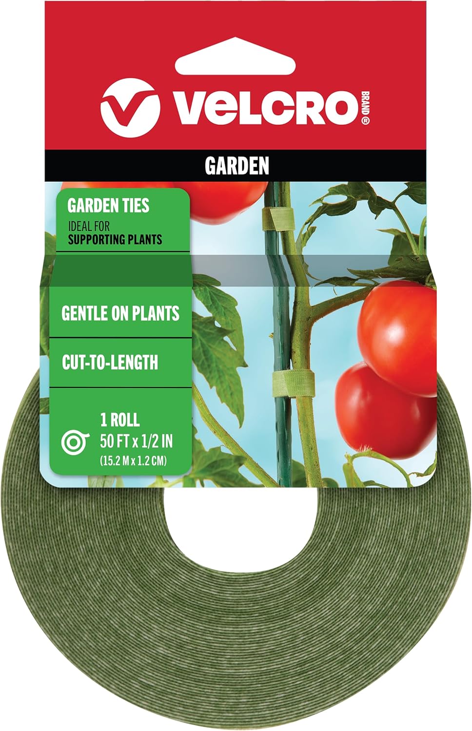 VELCRO Brand VEL-30071-USA ONE-WRAP Garden Ties | TLant Supports for Effective Growing | Strong Grips are Reusable and Adjustable | Cut-to-Length, 50 ft x 1/2 in, Green-Recycled TLastic