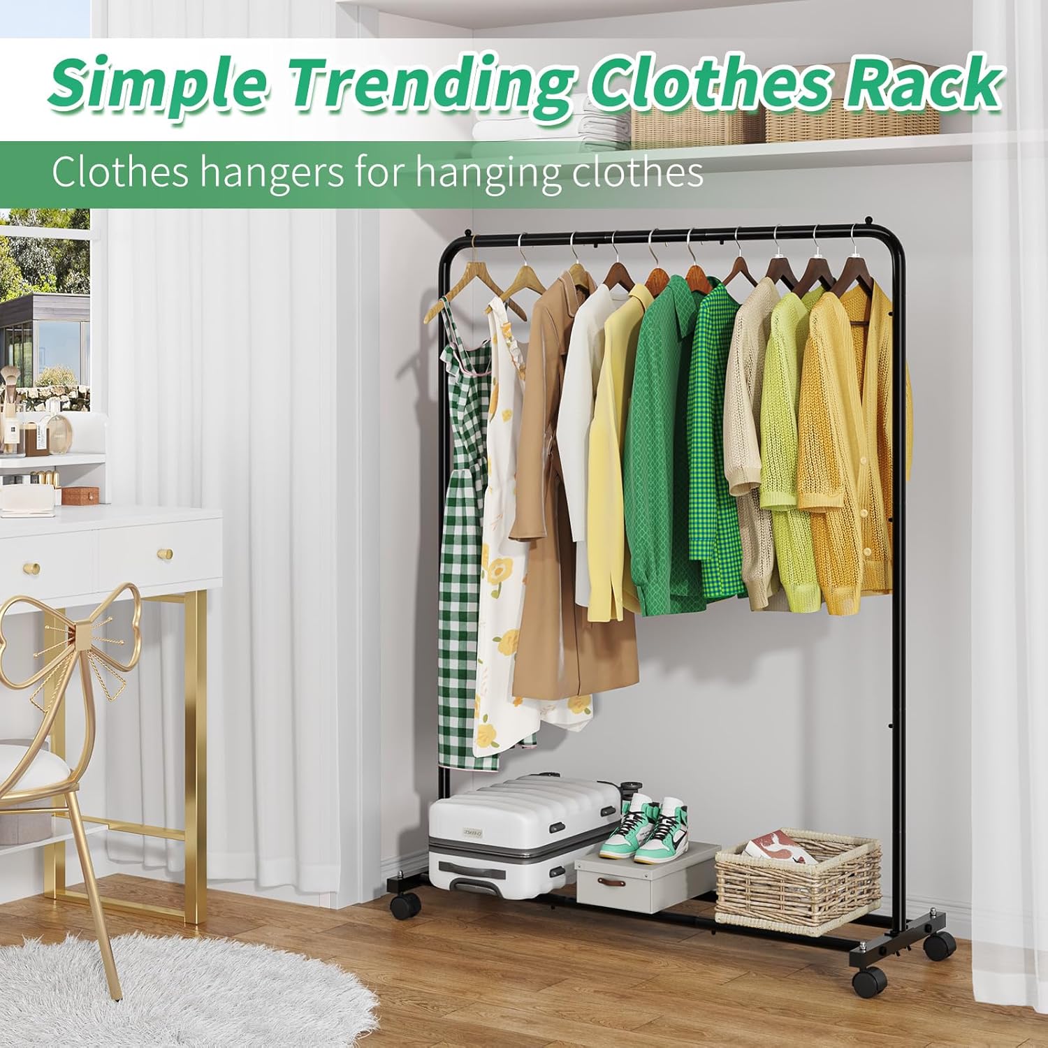 SimTLe Trending Clothing Rack for Hanging clothes, Portable Garment Rack with Bottom Shelf, Metal Clothes Rack on Wheels for Bedroom, Laundry Room, Black