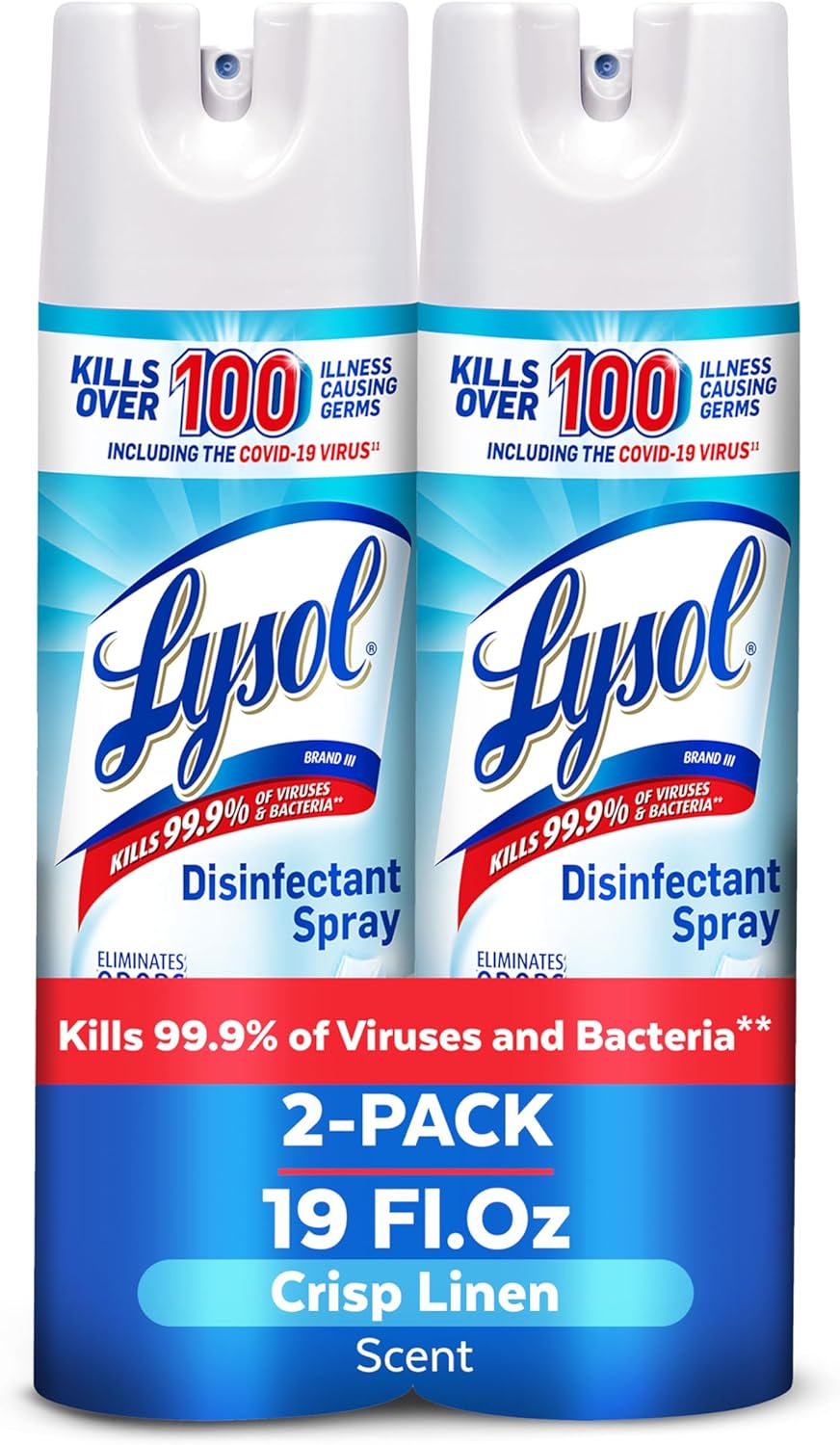 Lysol Disinfectant Spray, Household Essential Cleaning SupTLies, Multi-Purpose Room Spray, Antibacterial Sanitizer Spray, Upholstery Deodorizer, Home and Bathroom, Crisp Linen,19 Fl Oz (Pack of 2)