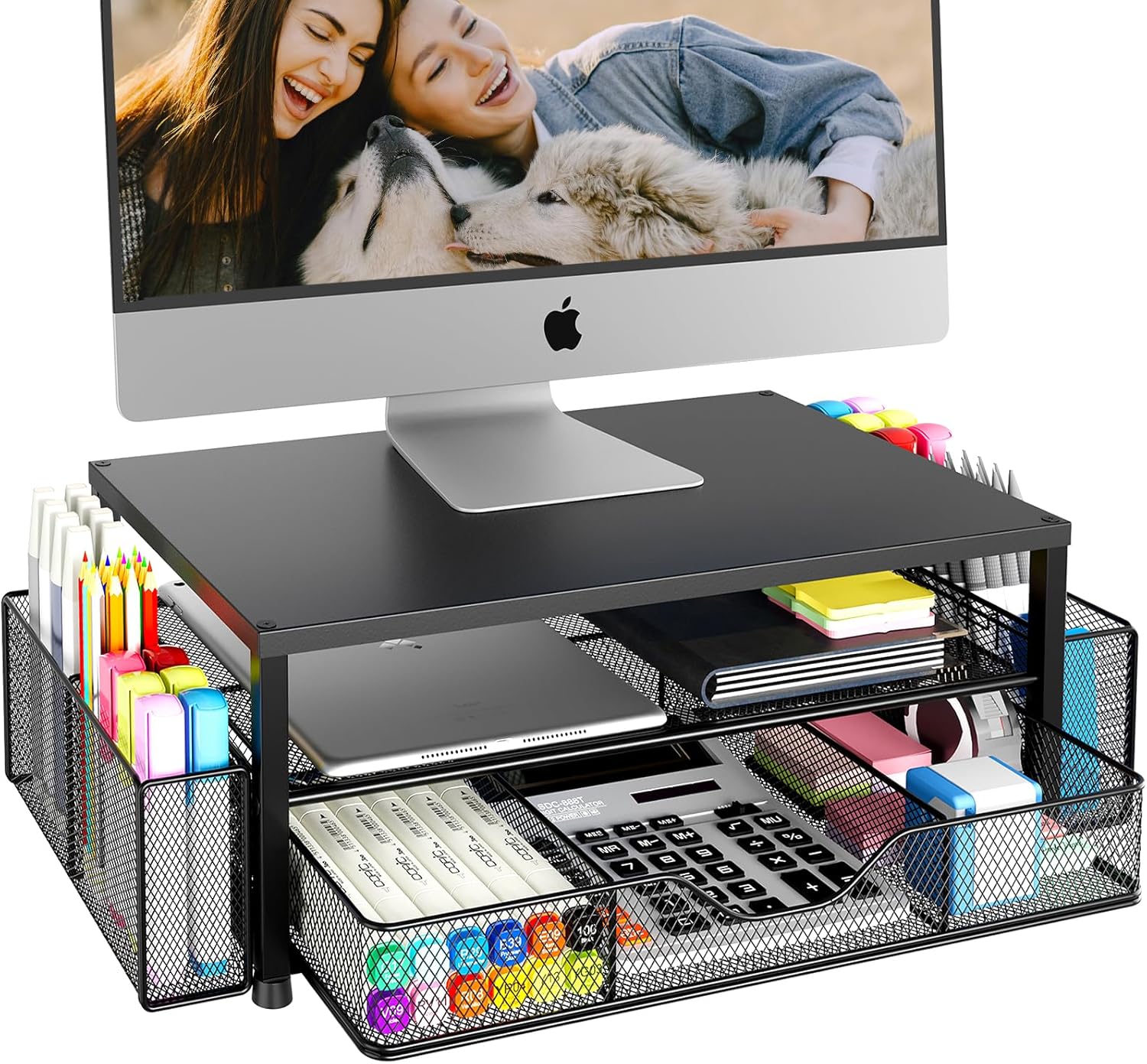 OPNICE Desk Organizer and Accessories, 2-Tier Computer Monitor Stand Riser with Drawer and 2 Pen Holders, Laptop Stand, Office Desk Accessories for Office SupTLies, Black