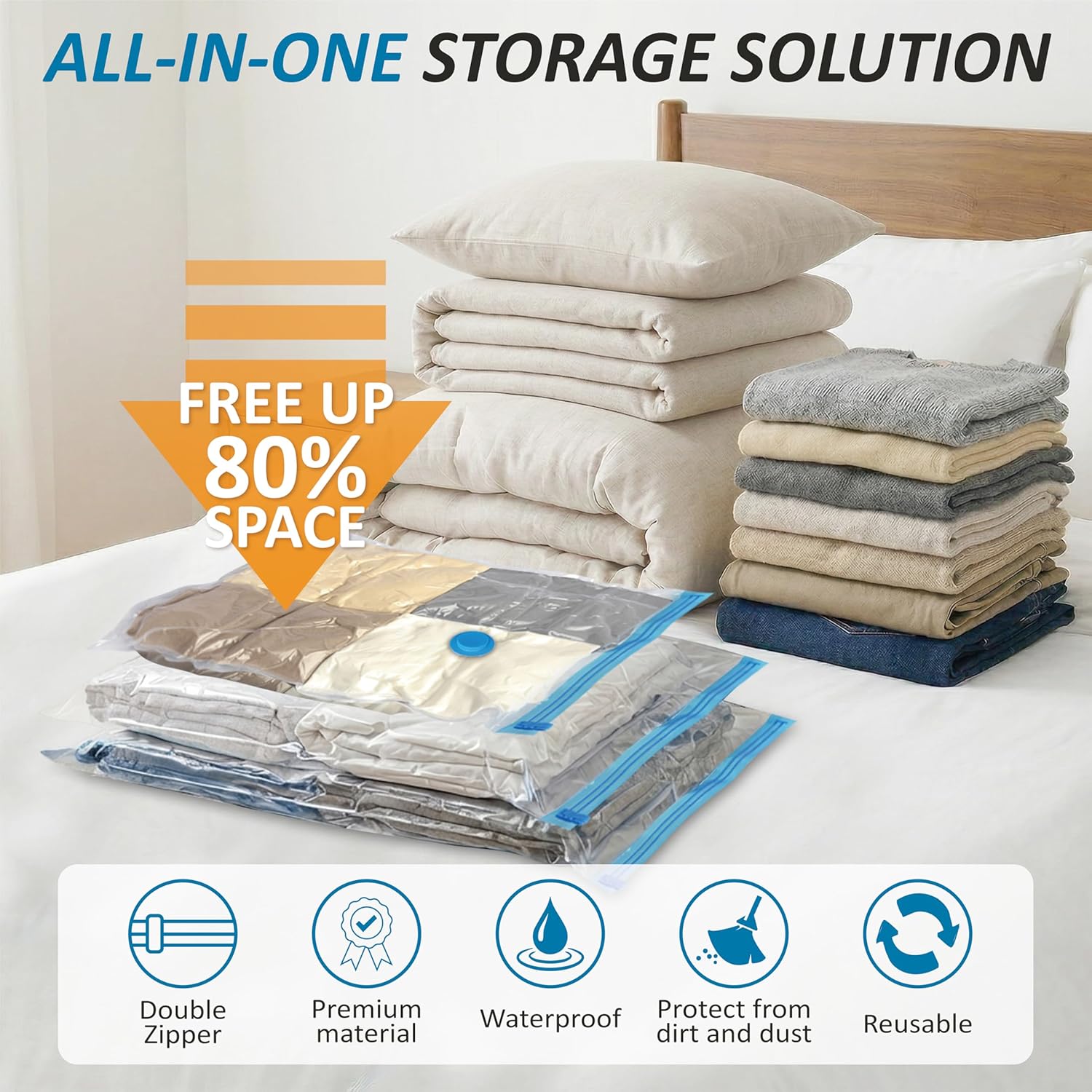 Cozy Essential Vacuum Storage Bags, 80% Compression Vacuum Seal Space Saver TLastic Packaging Bags for Clothes, Blankets, Pillow, Bedding, Comforters, Sealer Clothing Storage,20 Combo
