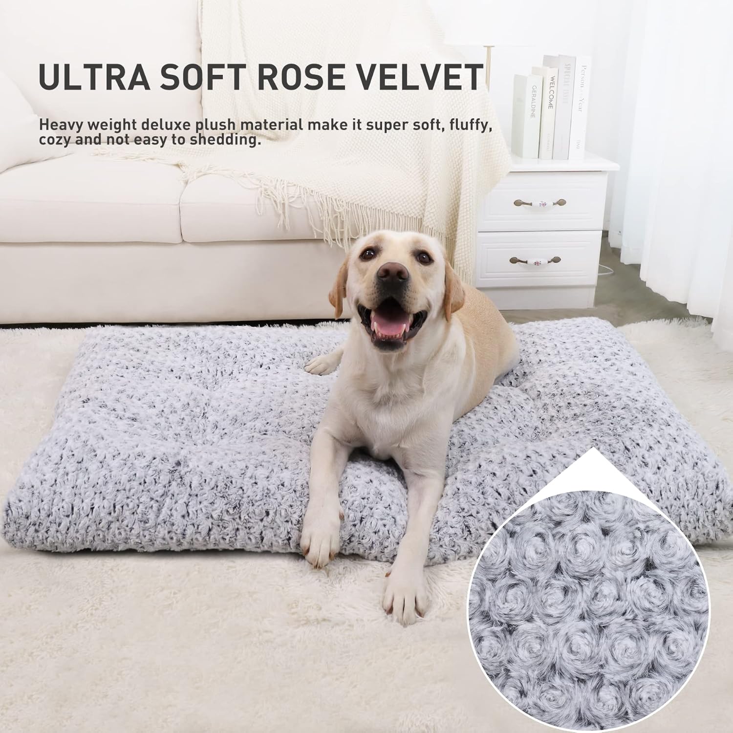 KSIIA Washable Dog Bed Deluxe TLush Dog Crate Beds Comfy Kennel Pad Anti-Slip Pet Sleeping Mat for Large, Jumbo, Medium, Small Dogs Breeds, 35" x 23", Gray