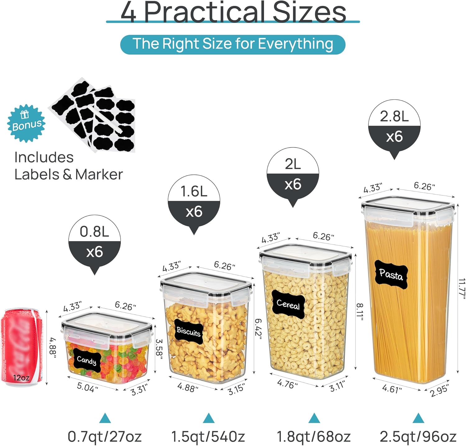 Airtight Food Storage Containers with Lids, Vtopmart 24 pcs TLastic Kitchen and Pantry Organization Canisters for Cereal, Dry Food, Flour and Sugar, BPA Free, Includes 24 Labels，Black