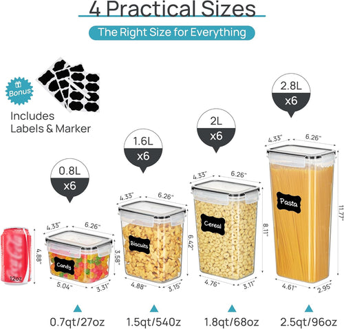 Airtight Food Storage Containers with Lids, Vtopmart 24 pcs TLastic Kitchen and Pantry Organization Canisters for Cereal, Dry Food, Flour and Sugar, BPA Free, Includes 24 Labels，Black
