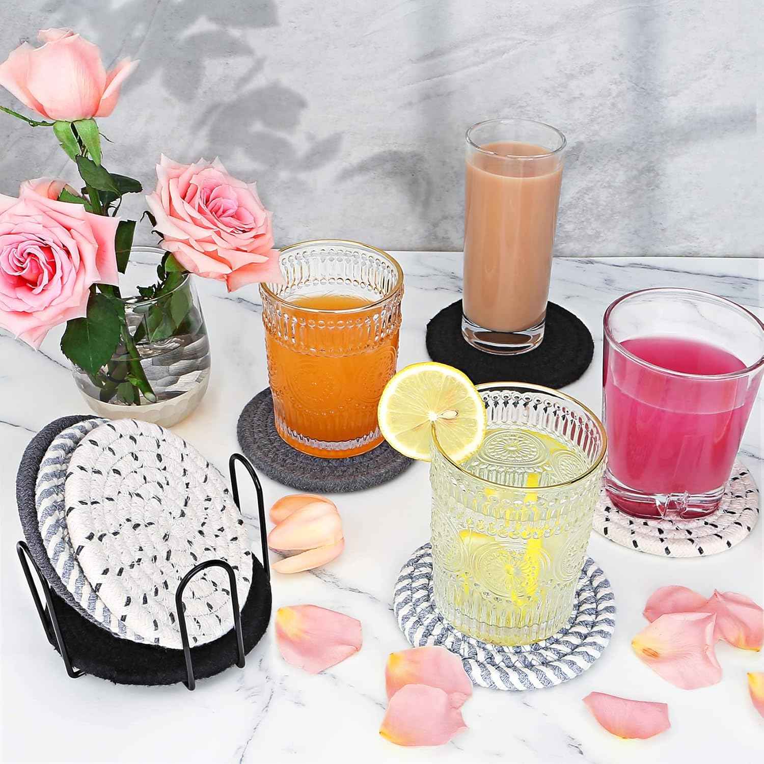 Coasters for Drinks, Coasters Set of 4 - Color, 8 Pack Coaster Set, Absorbent Coaster with Holder, Coffee Table Decor, Living Room Decor for House Warming Gifts